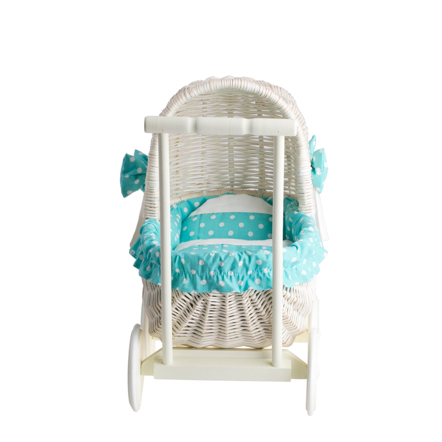 Lala wiklinowy wózek dla lalek z zielonym obszyciem, kołderką i poduszką TheWickerStories