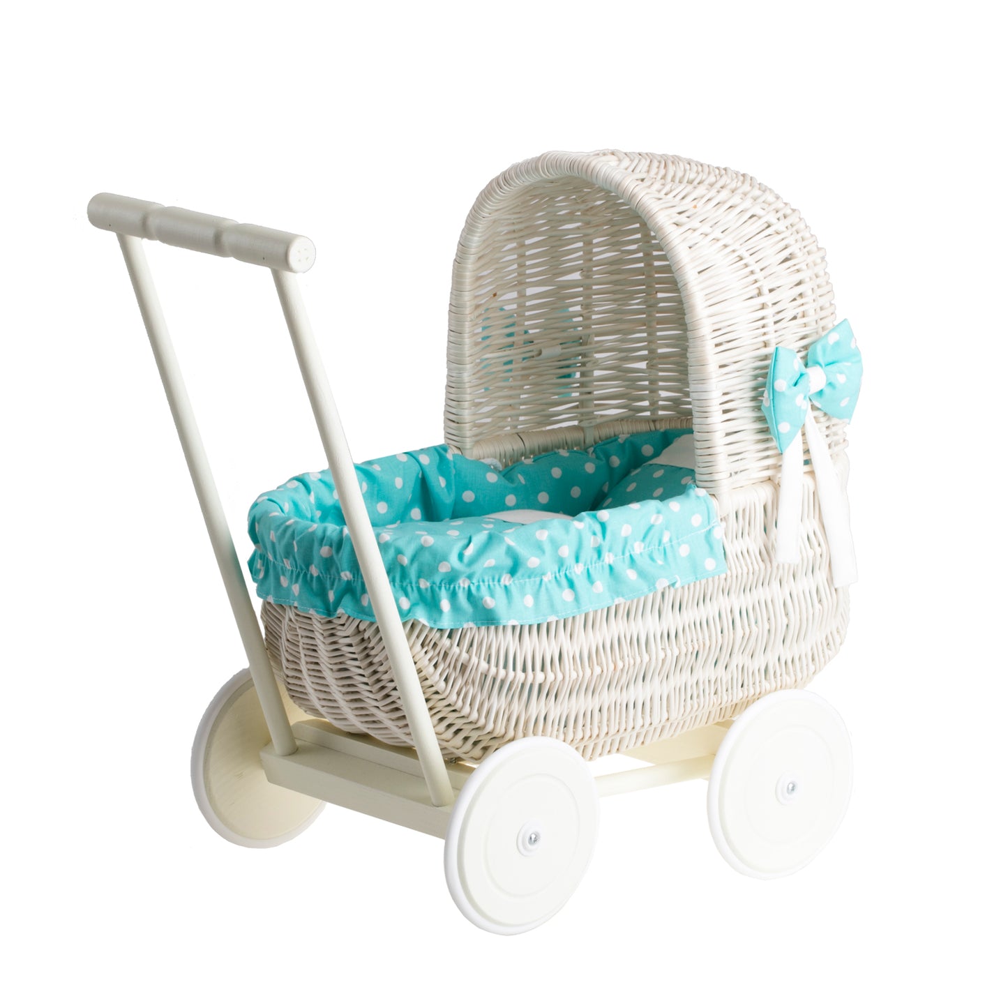 Lala wiklinowy wózek dla lalek z zielonym obszyciem, kołderką i poduszką TheWickerStories