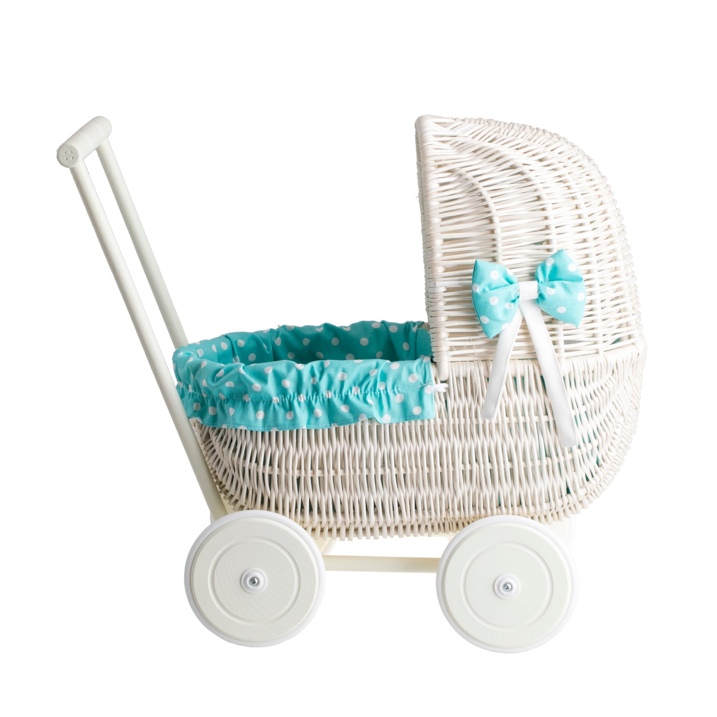 Lala wiklinowy wózek dla lalek z zielonym obszyciem, kołderką i poduszką TheWickerStories