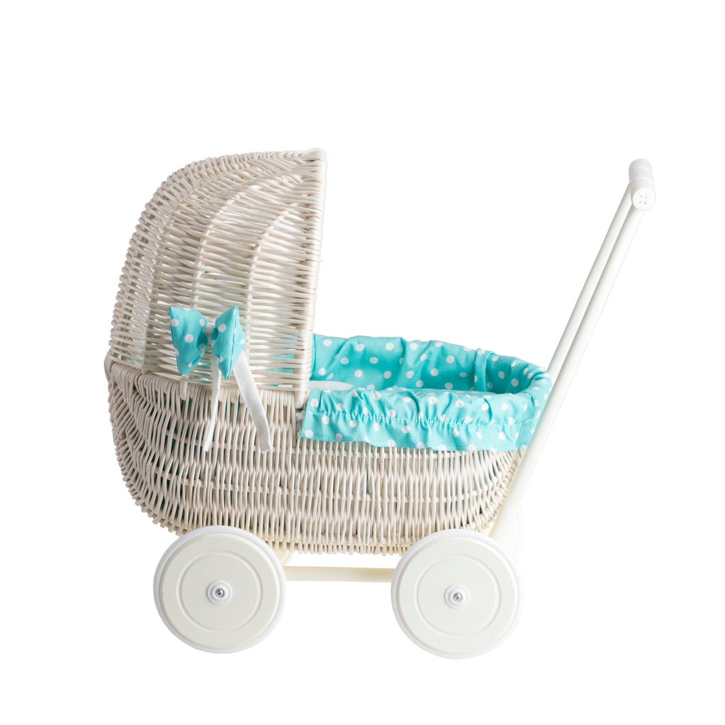 Lala wiklinowy wózek dla lalek z zielonym obszyciem, kołderką i poduszką TheWickerStories