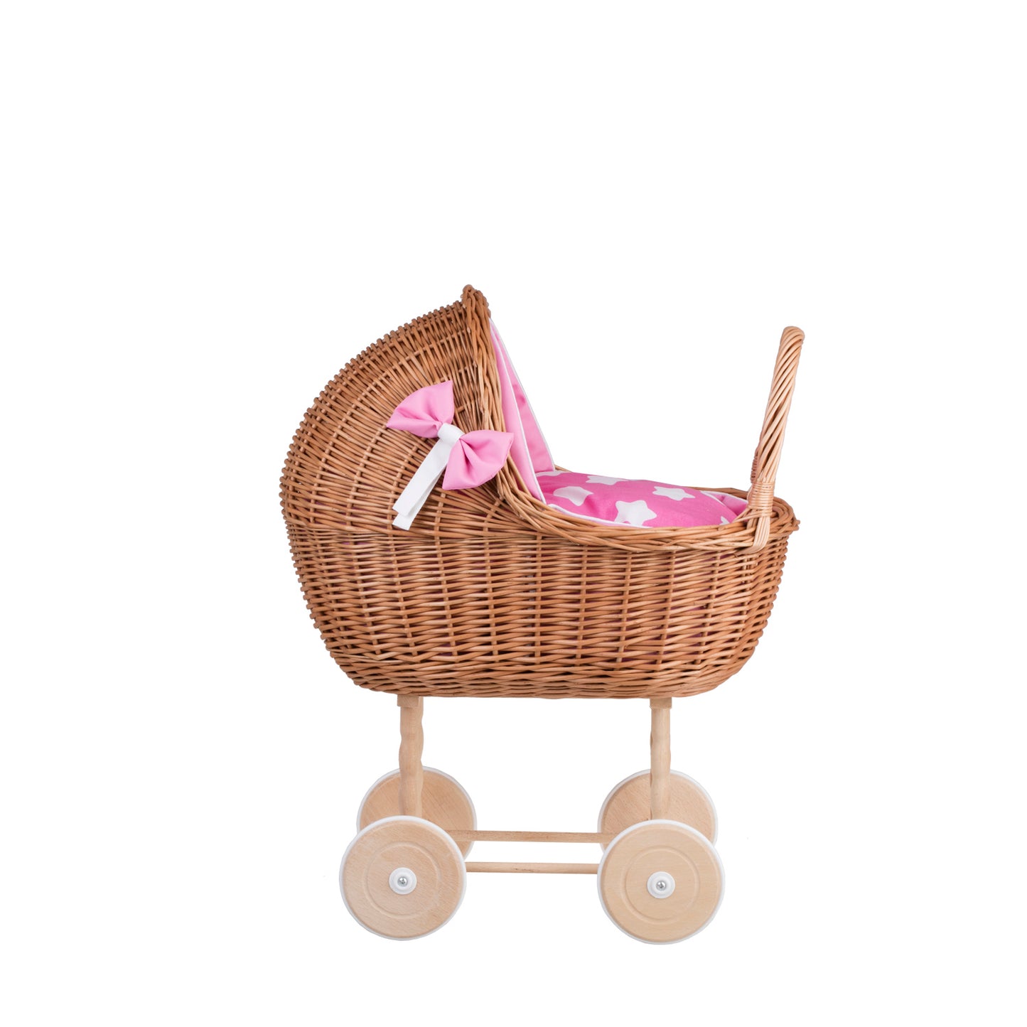 Lena wiklinowy wózek dla lalek z różowym obszyciem, kołderką i poduszką TheWickerStories