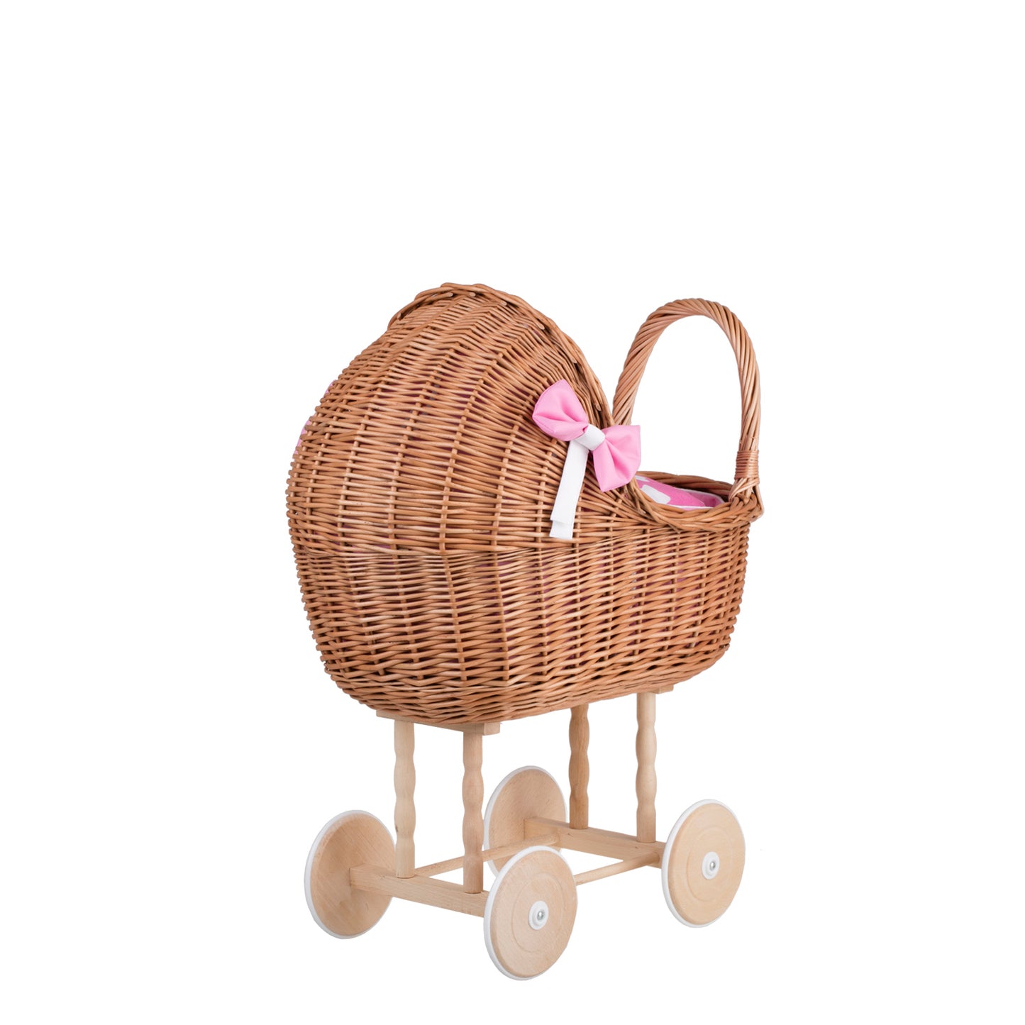 Lena wiklinowy wózek dla lalek z różowym obszyciem, kołderką i poduszką TheWickerStories