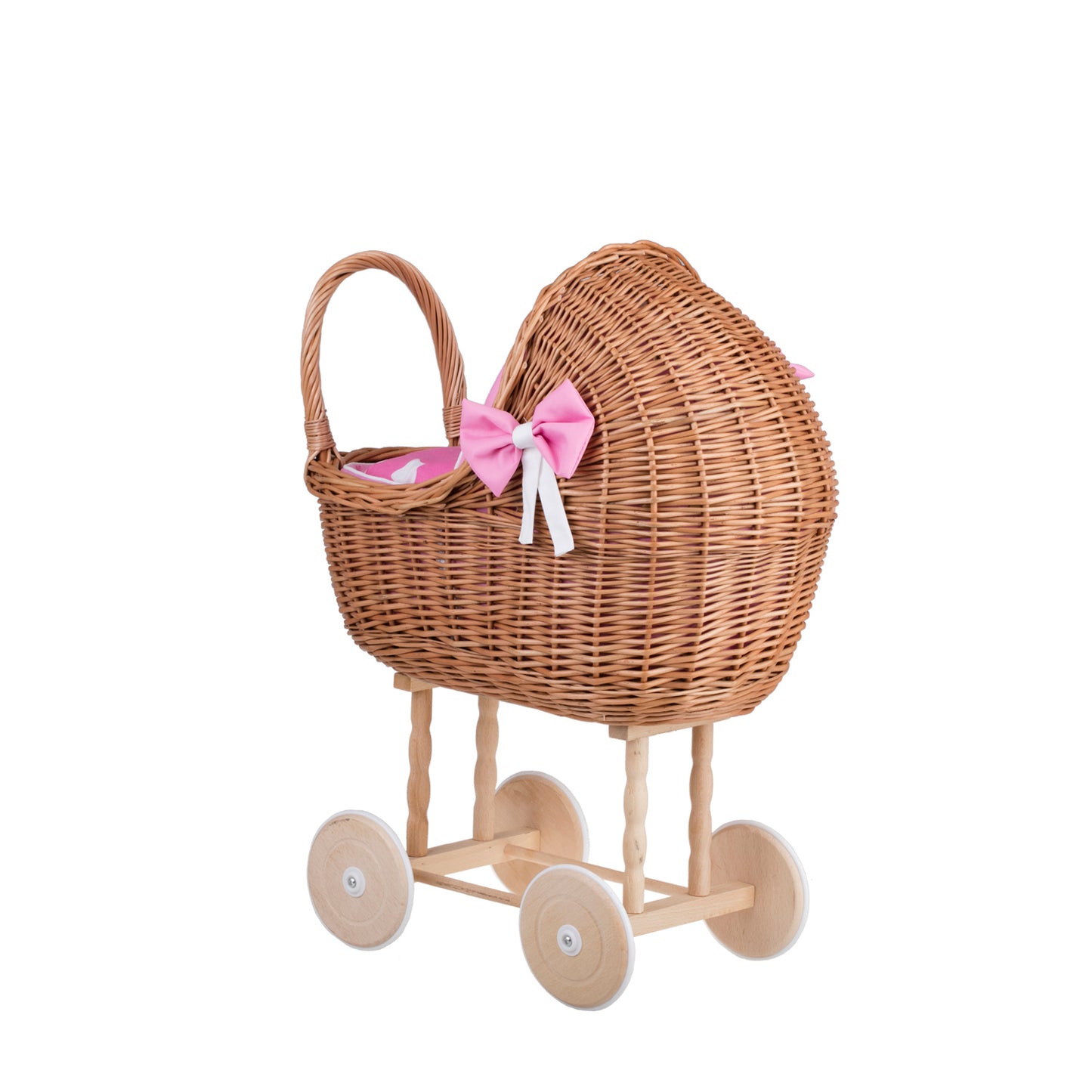 Lena wiklinowy wózek dla lalek z różowym obszyciem, kołderką i poduszką TheWickerStories