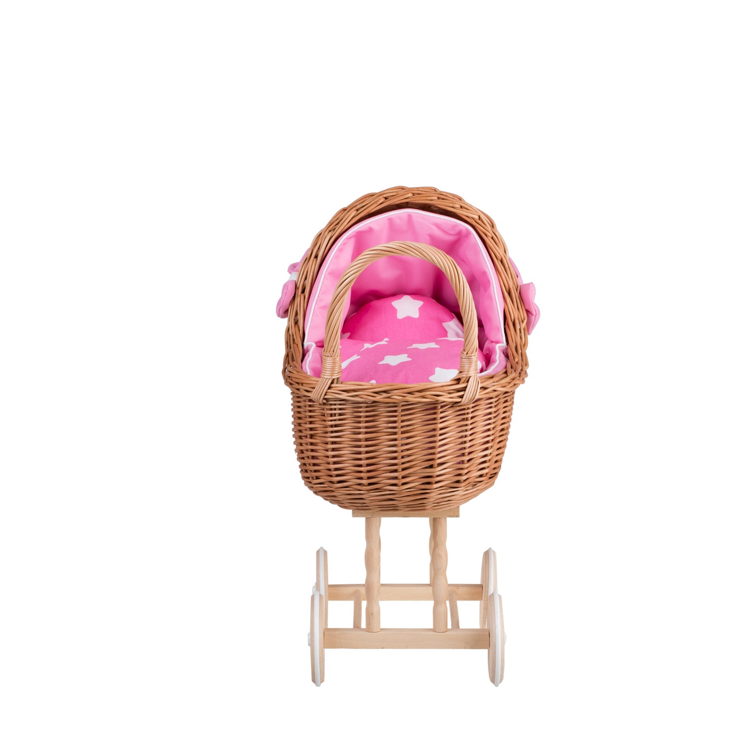 Lena wiklinowy wózek dla lalek z różowym obszyciem, kołderką i poduszką TheWickerStories