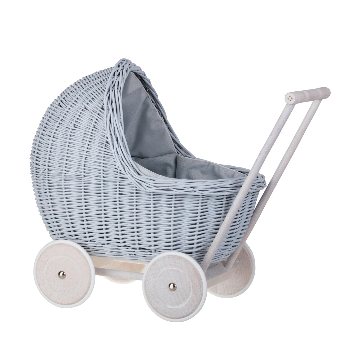 Lili wiklinowy wózek i kołyska dla lalek z niebieskim obszyciem, kołderką i poduszką TheWickerStories