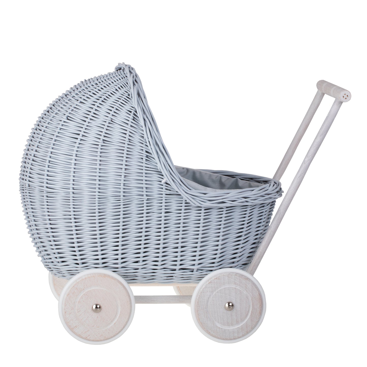 Lili wiklinowy wózek dla lalek z niebieskim obszyciem, kołderką i poduszką TheWickerStories