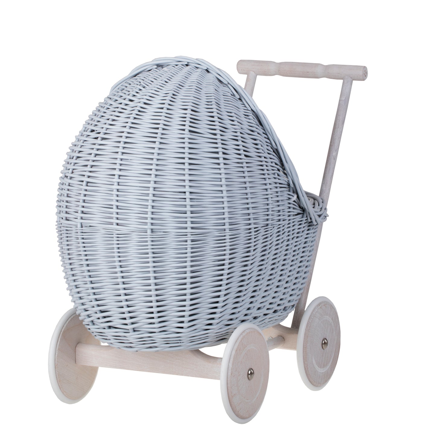 Lili wiklinowy wózek i kołyska dla lalek z niebieskim obszyciem, kołderką i poduszką TheWickerStories