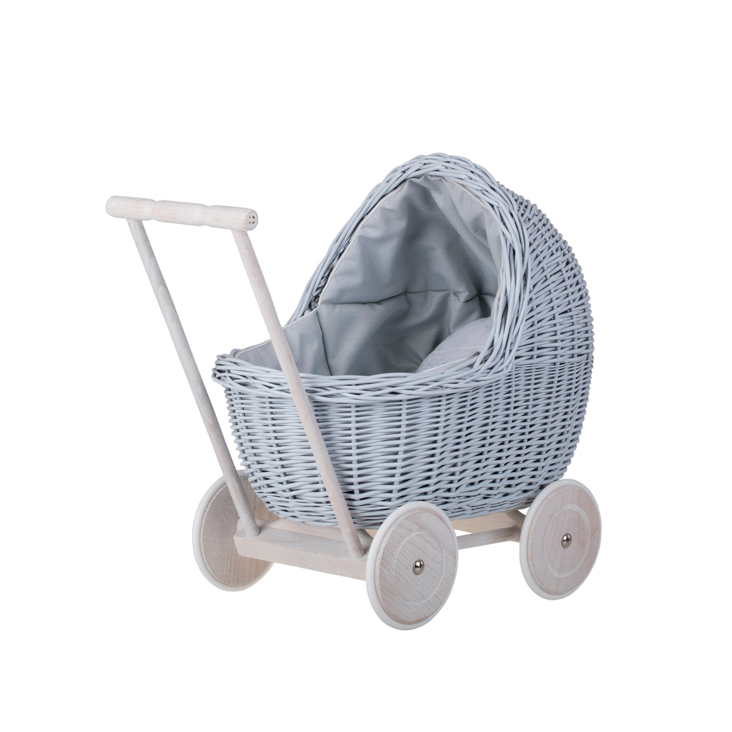 Lili wiklinowy wózek dla lalek z niebieskim obszyciem, kołderką i poduszką TheWickerStories
