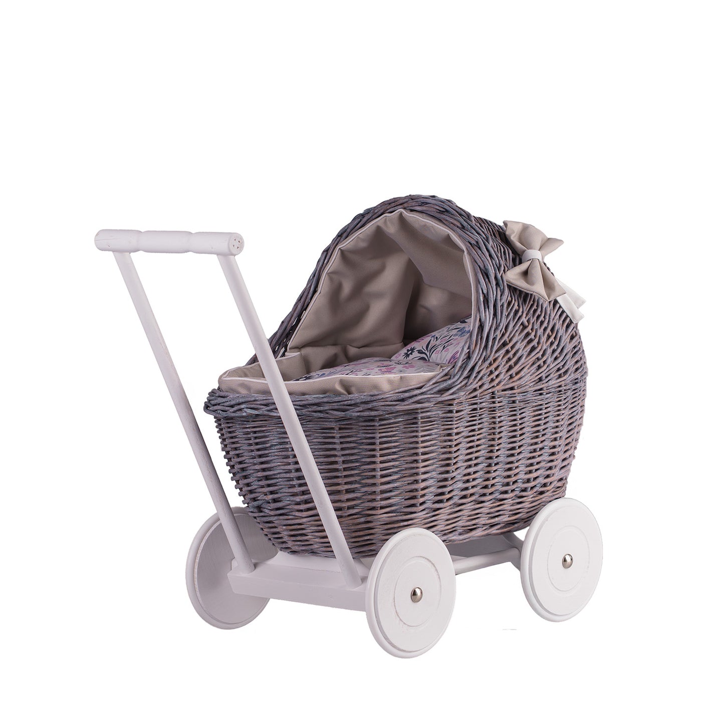 Lili wiklinowy wózek dla lalek z beżowym obszyciem, kołderką i poduszką TheWickerStories