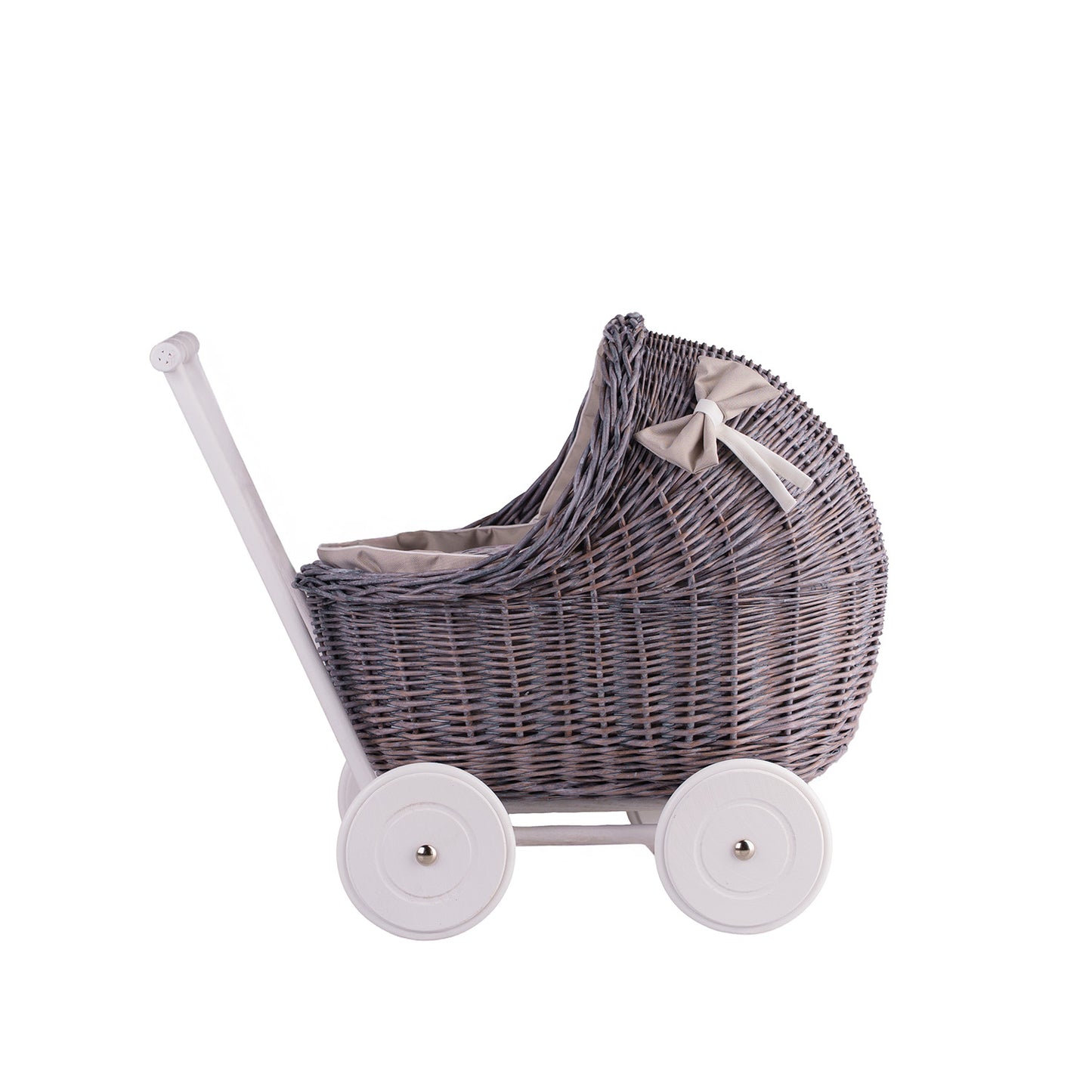 Lili wiklinowy wózek dla lalek z beżowym obszyciem, kołderką i poduszką TheWickerStories