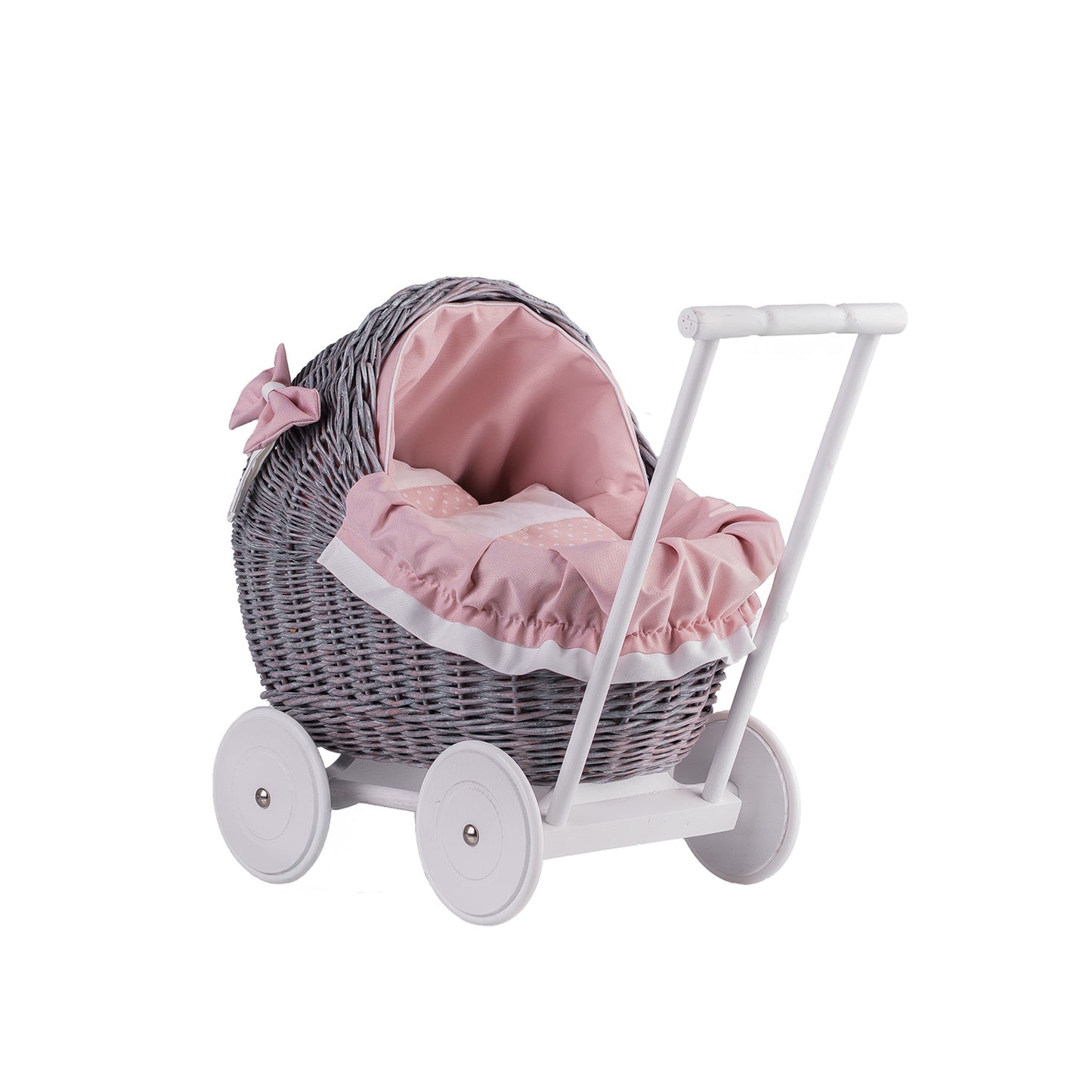 Lili wiklinowy wózek dla lalek z różowym obszyciem, kołderką i poduszką TheWickerStories