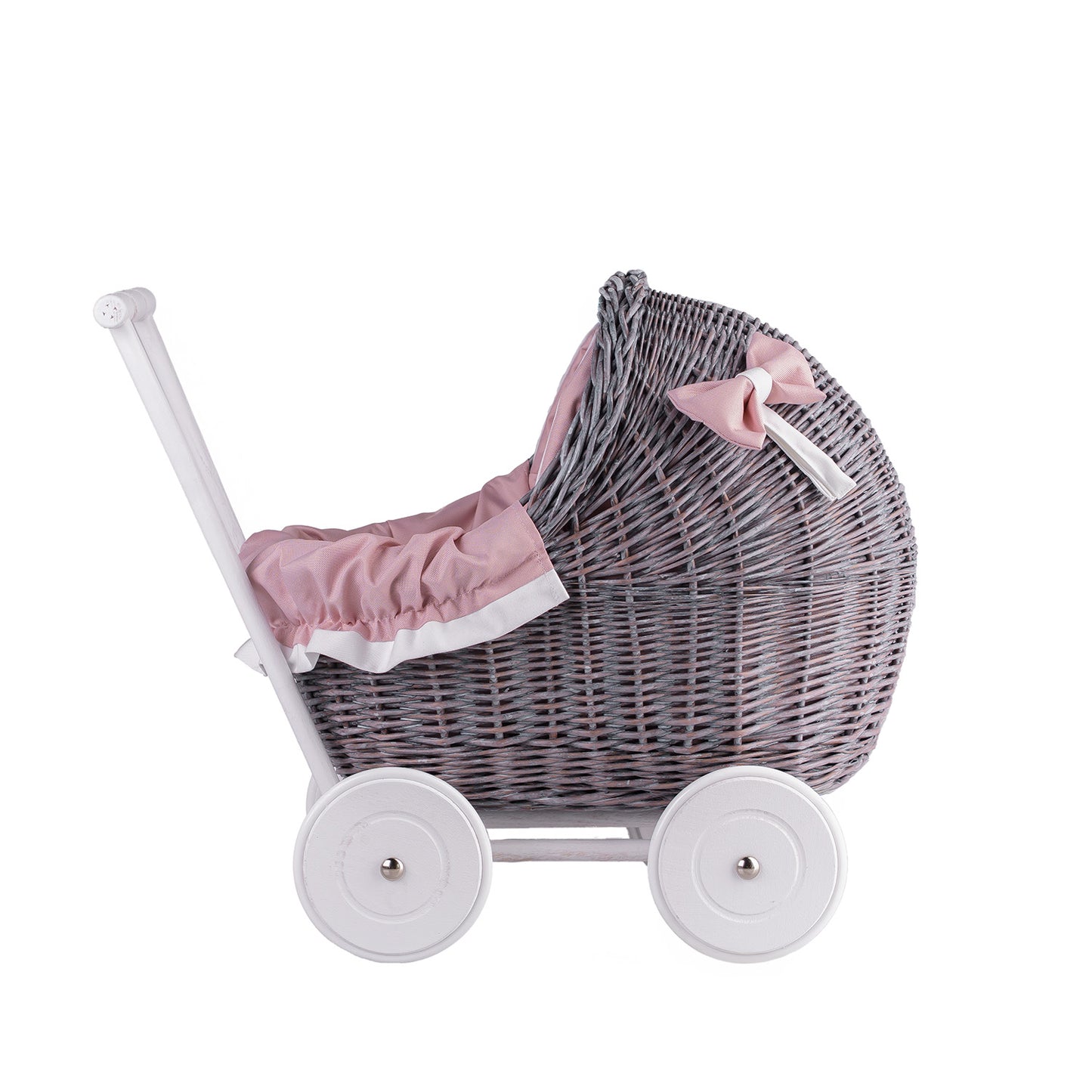 Lili wiklinowy wózek dla lalek z różowym obszyciem, kołderką i poduszką TheWickerStories