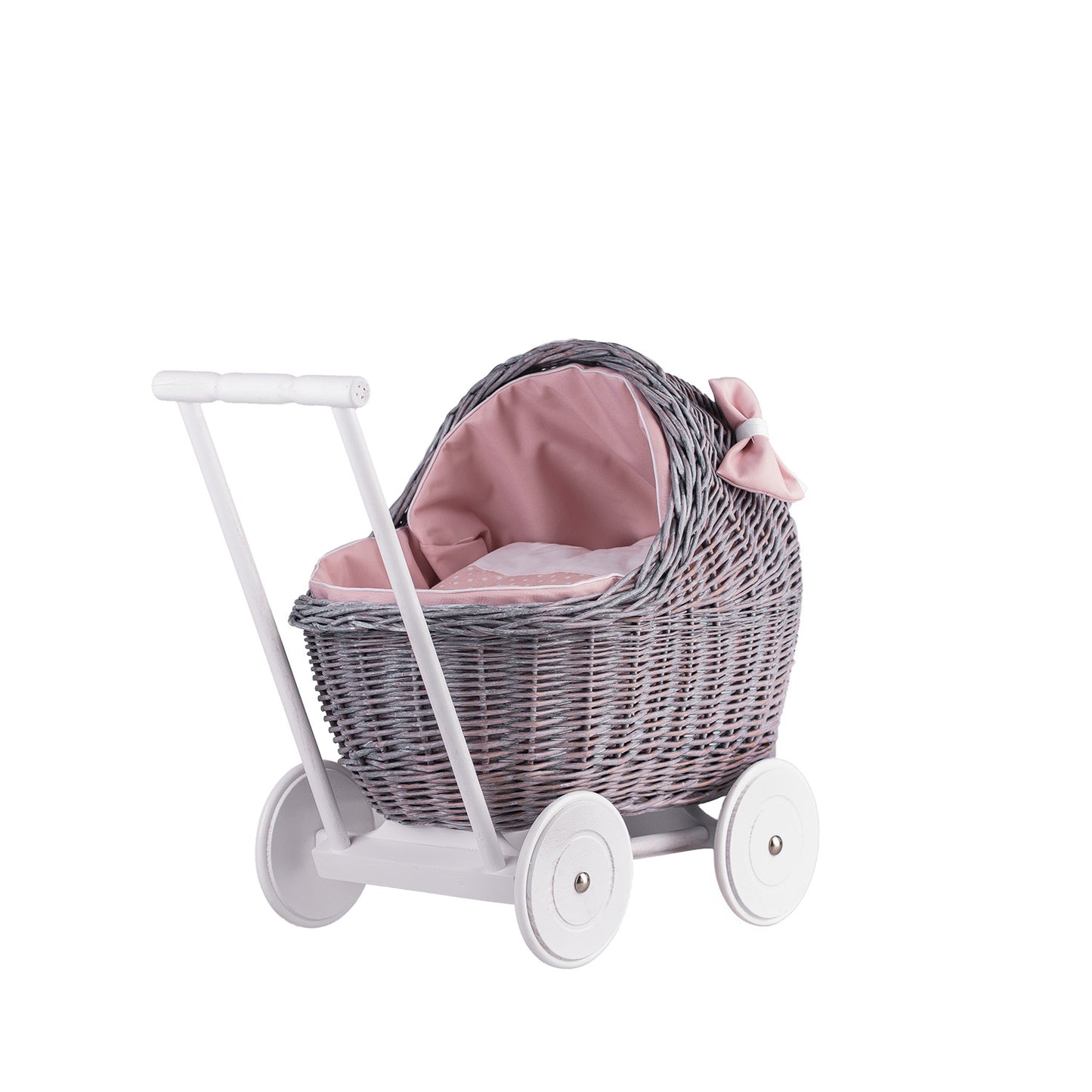 Lili wiklinowy wózek dla lalek z różowym obszyciem, kołderką i poduszką TheWickerStories