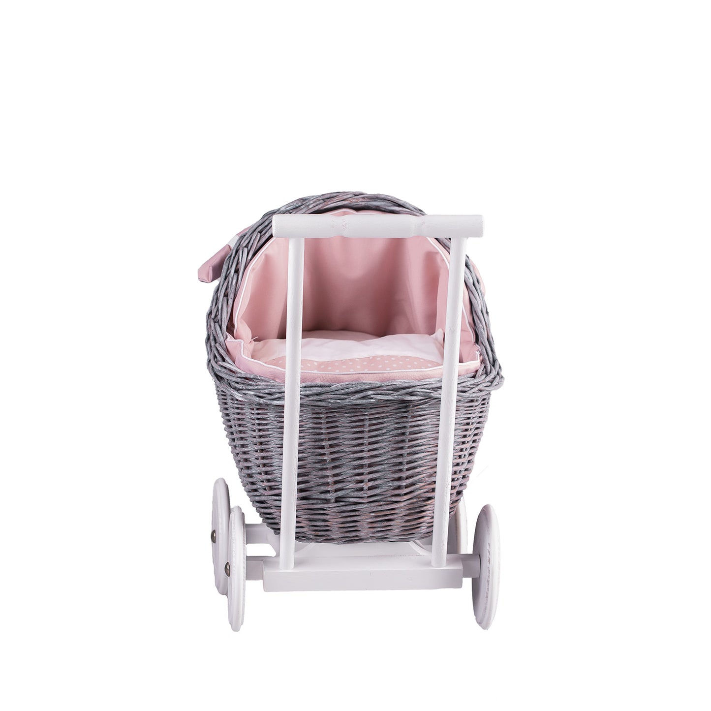 Lili wiklinowy wózek dla lalek z różowym obszyciem, kołderką i poduszką TheWickerStories