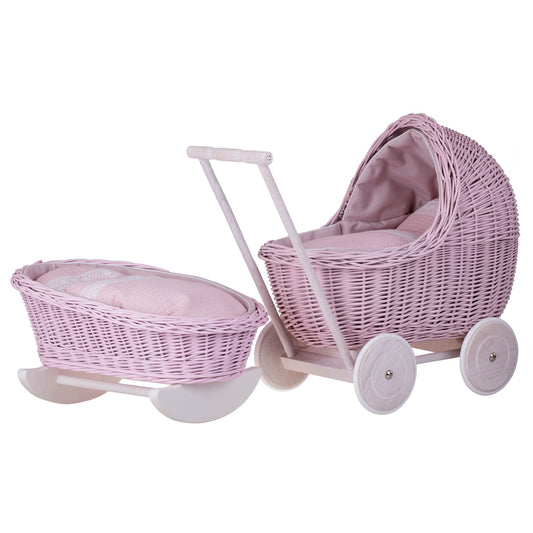 Lili wiklinowy wózek i kołyska dla lalek z różowym obszyciem, kołderką i poduszką TheWickerStories
