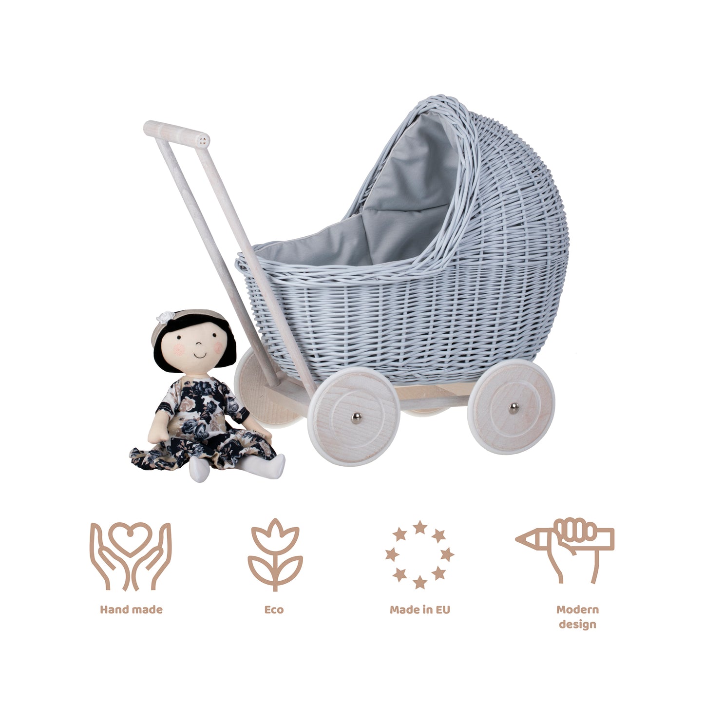 Lili wiklinowy wózek dla lalek z niebieskim obszyciem, kołderką i poduszką TheWickerStories
