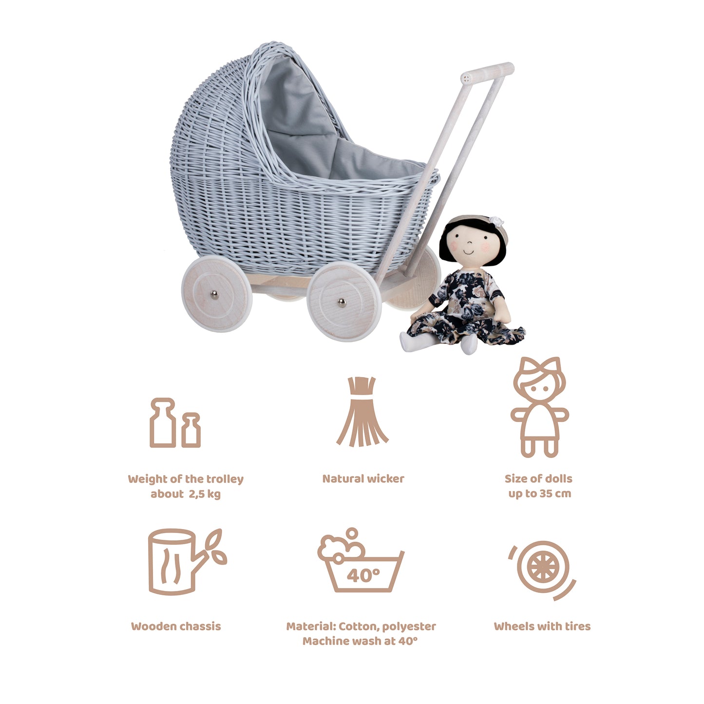 Lili wiklinowy wózek dla lalek z niebieskim obszyciem, kołderką i poduszką TheWickerStories