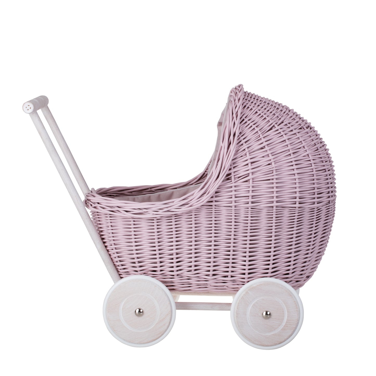 Lili wiklinowy wózek dla lalek z beżowym obszyciem, kołderką i poduszką TheWickerStories