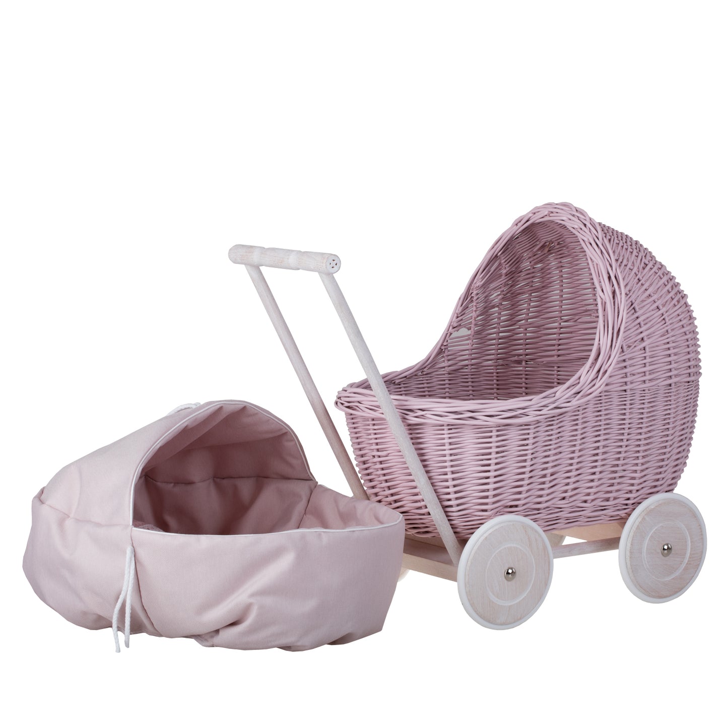 Lili wiklinowy wózek dla lalek z beżowym obszyciem, kołderką i poduszką TheWickerStories