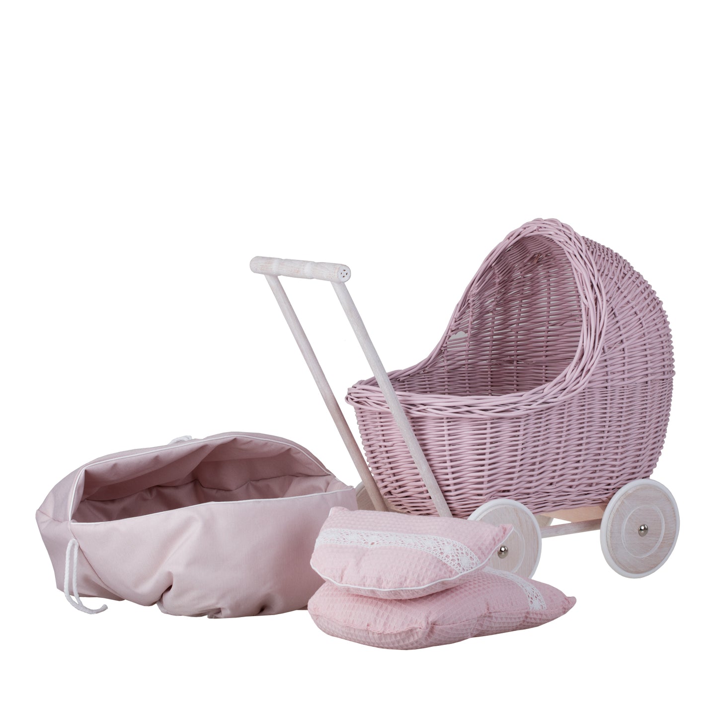 Lili wiklinowy wózek dla lalek z beżowym obszyciem, kołderką i poduszką TheWickerStories