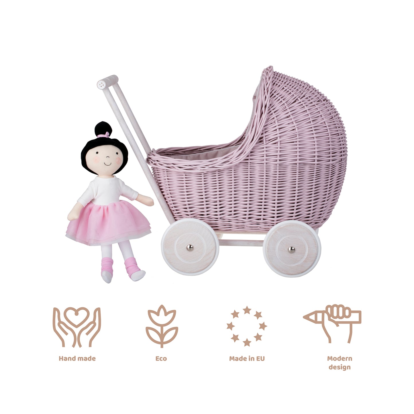 Lili wiklinowy wózek dla lalek z beżowym obszyciem, kołderką i poduszką TheWickerStories