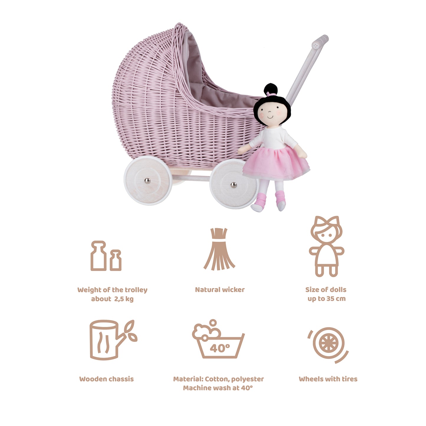 Lili wiklinowy wózek dla lalek z beżowym obszyciem, kołderką i poduszką TheWickerStories