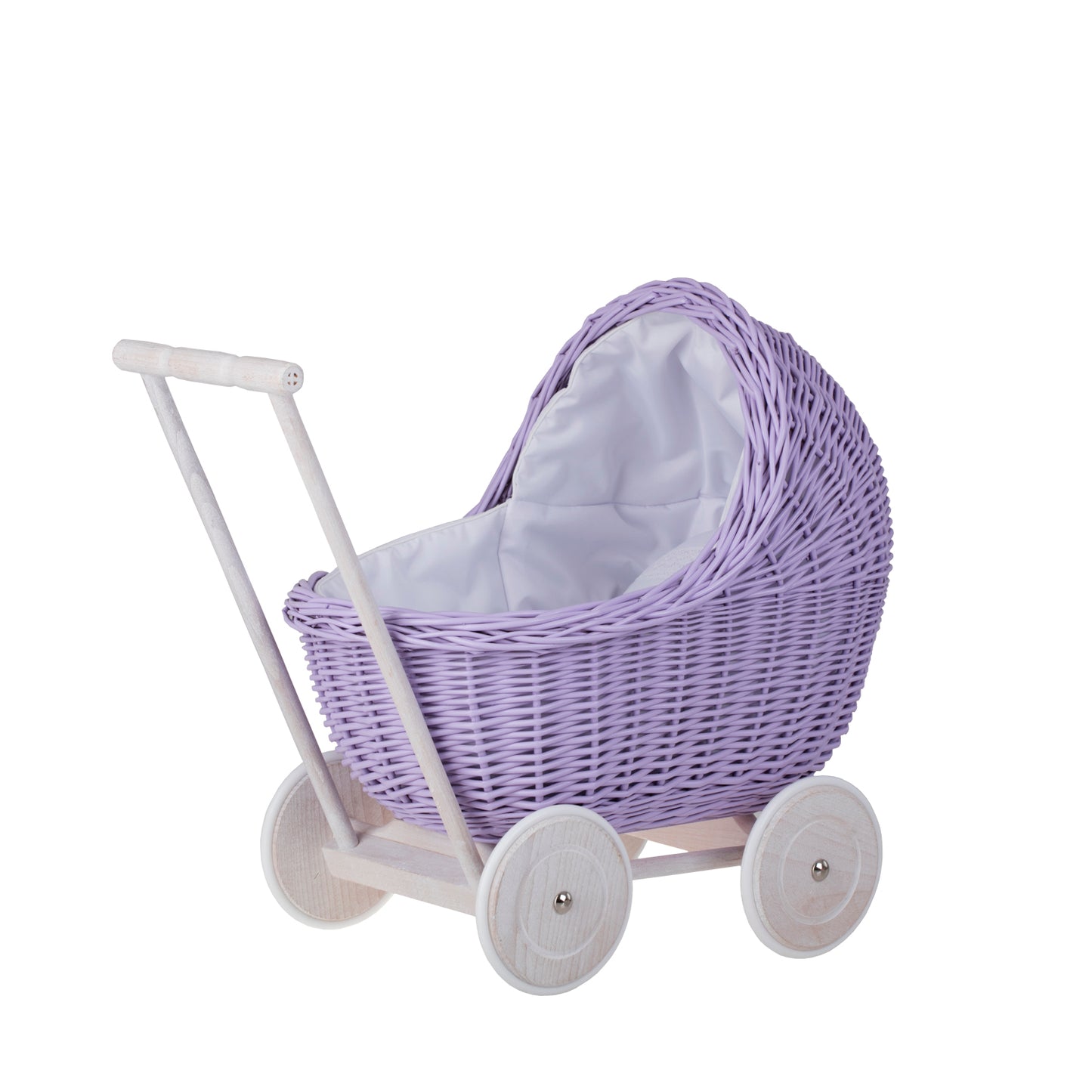 Lili wiklinowy wózek dla lalek z białym obszyciem, kołderką i poduszką TheWickerStories