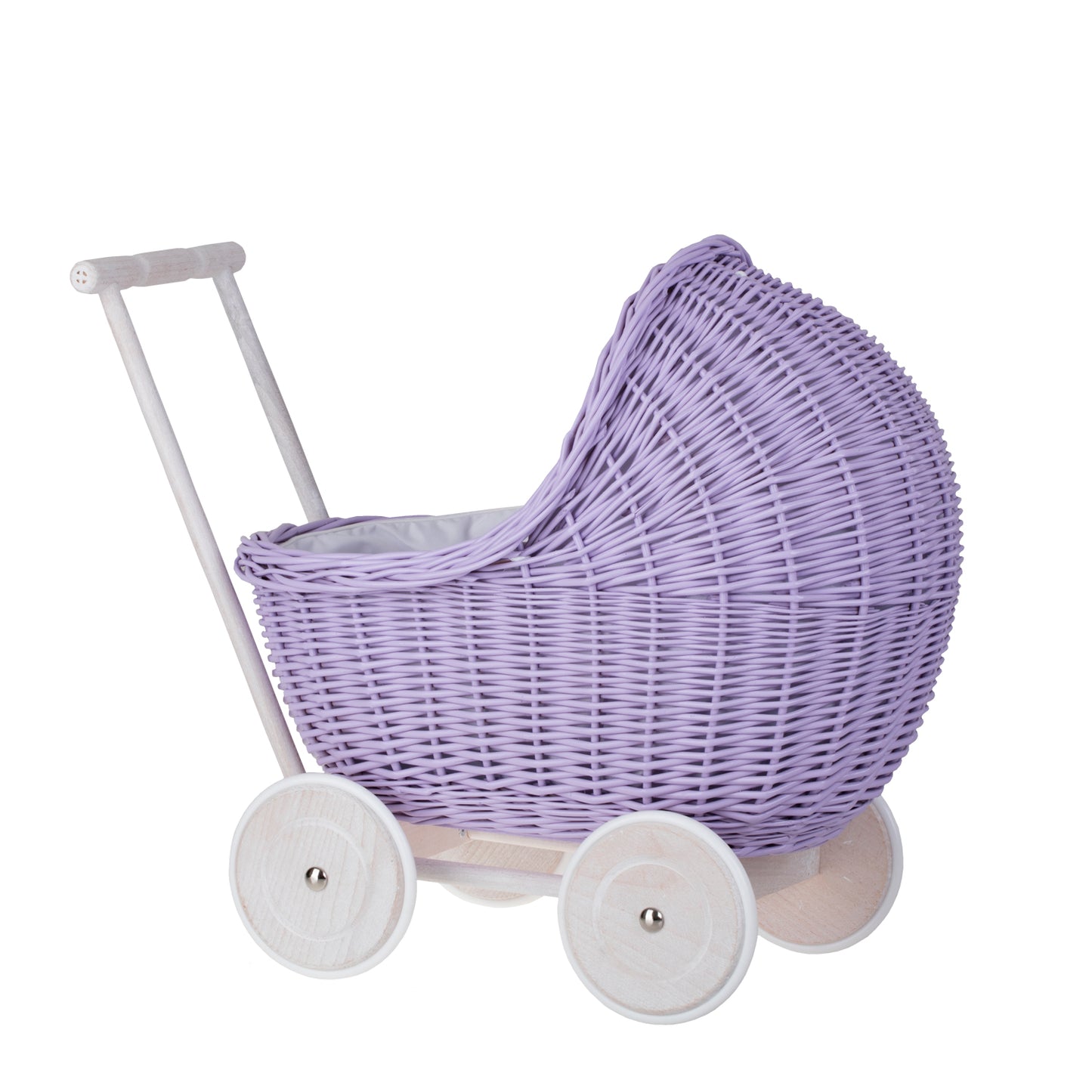 Lili wiklinowy wózek dla lalek z białym obszyciem, kołderką i poduszką TheWickerStories