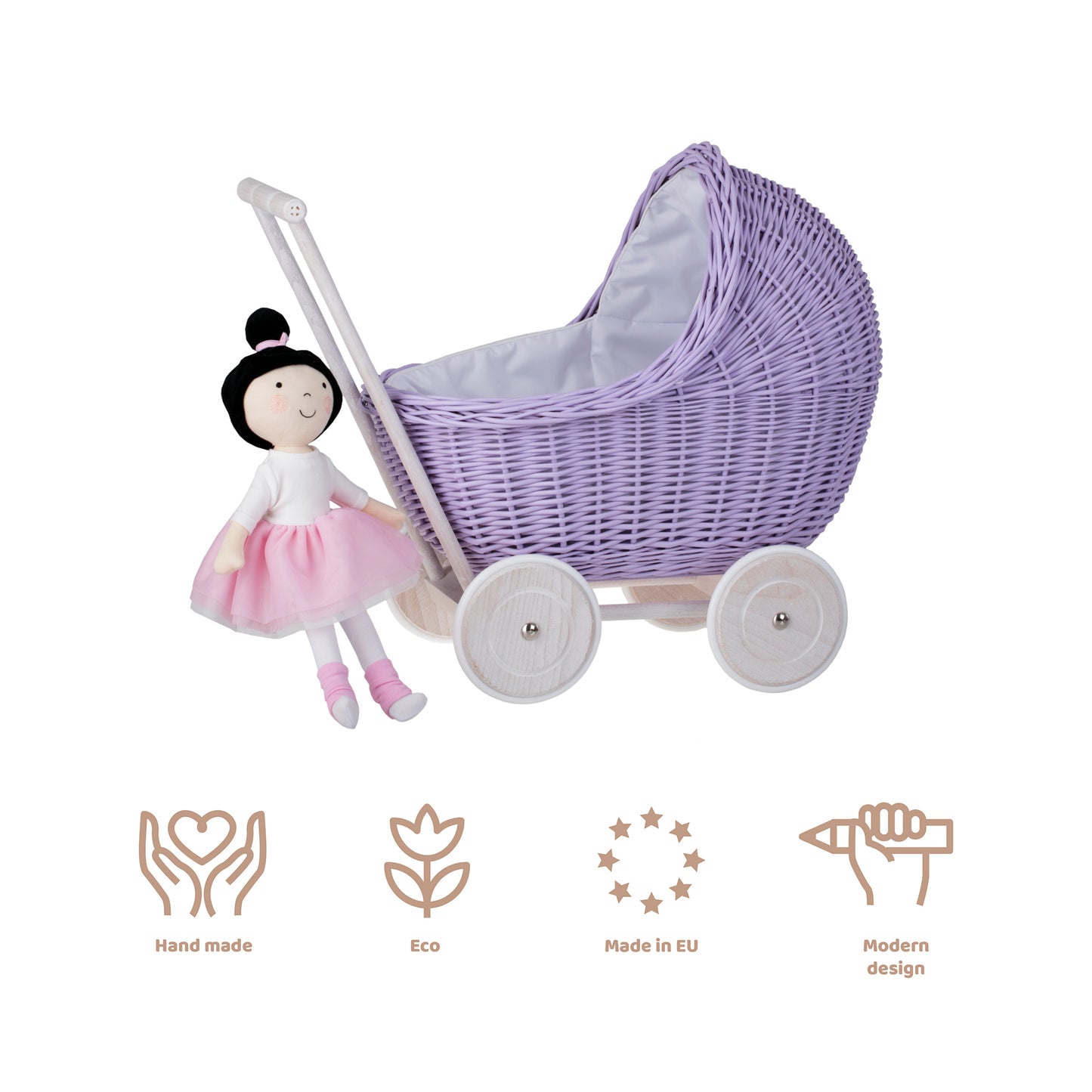 Lili wiklinowy wózek dla lalek z białym obszyciem, kołderką i poduszką TheWickerStories