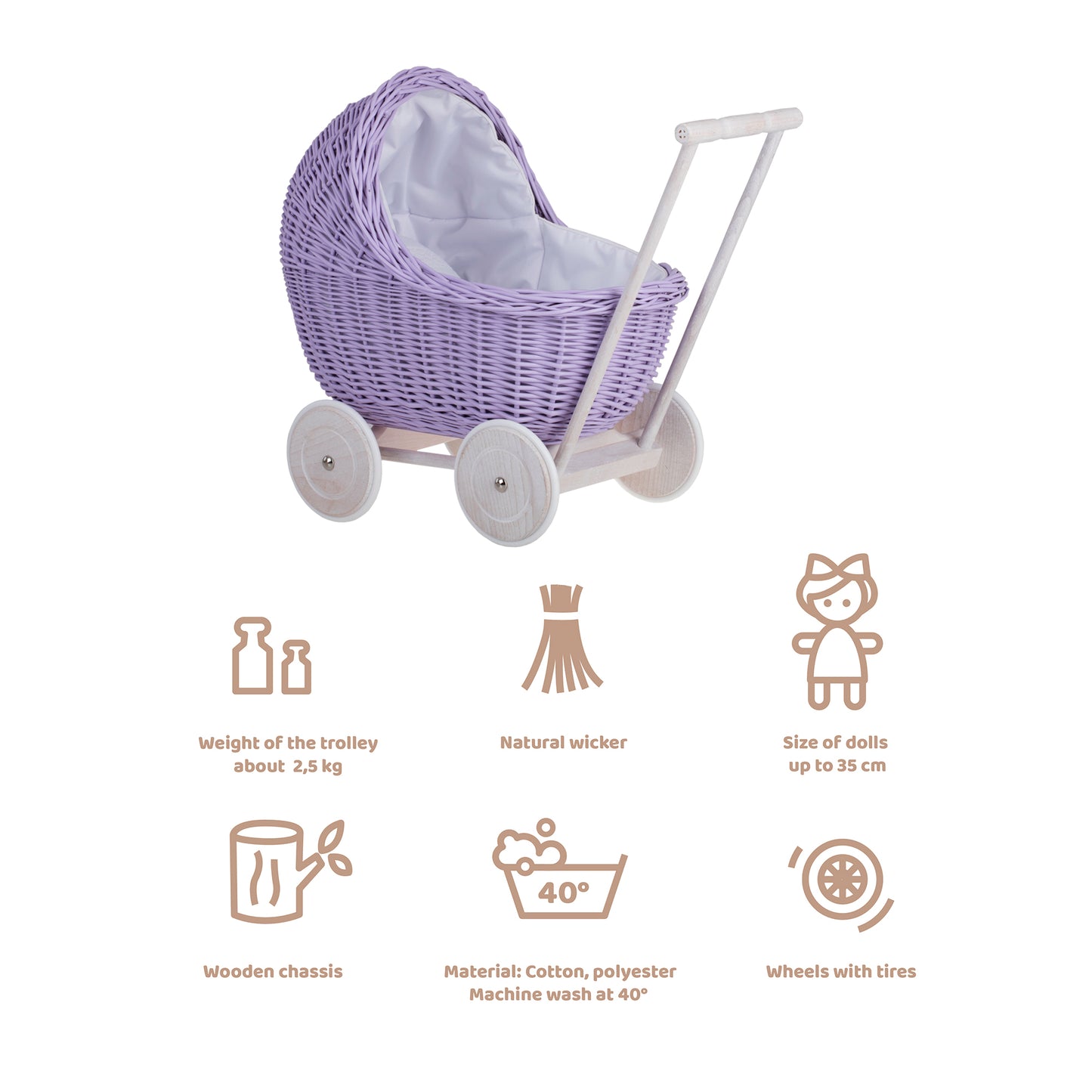 Lili wiklinowy wózek dla lalek z białym obszyciem, kołderką i poduszką TheWickerStories