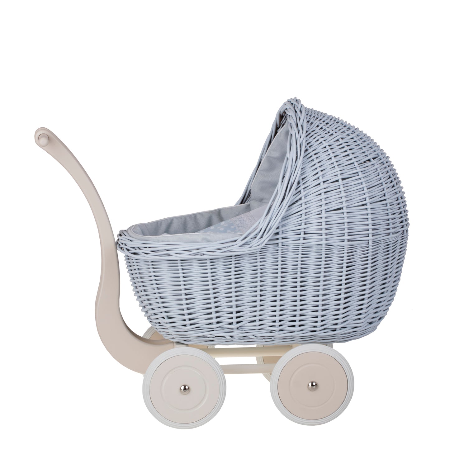 Lili wiklinowy wózek dla lalek z niebieskim obszyciem, kołderką i poduszką TheWickerStories