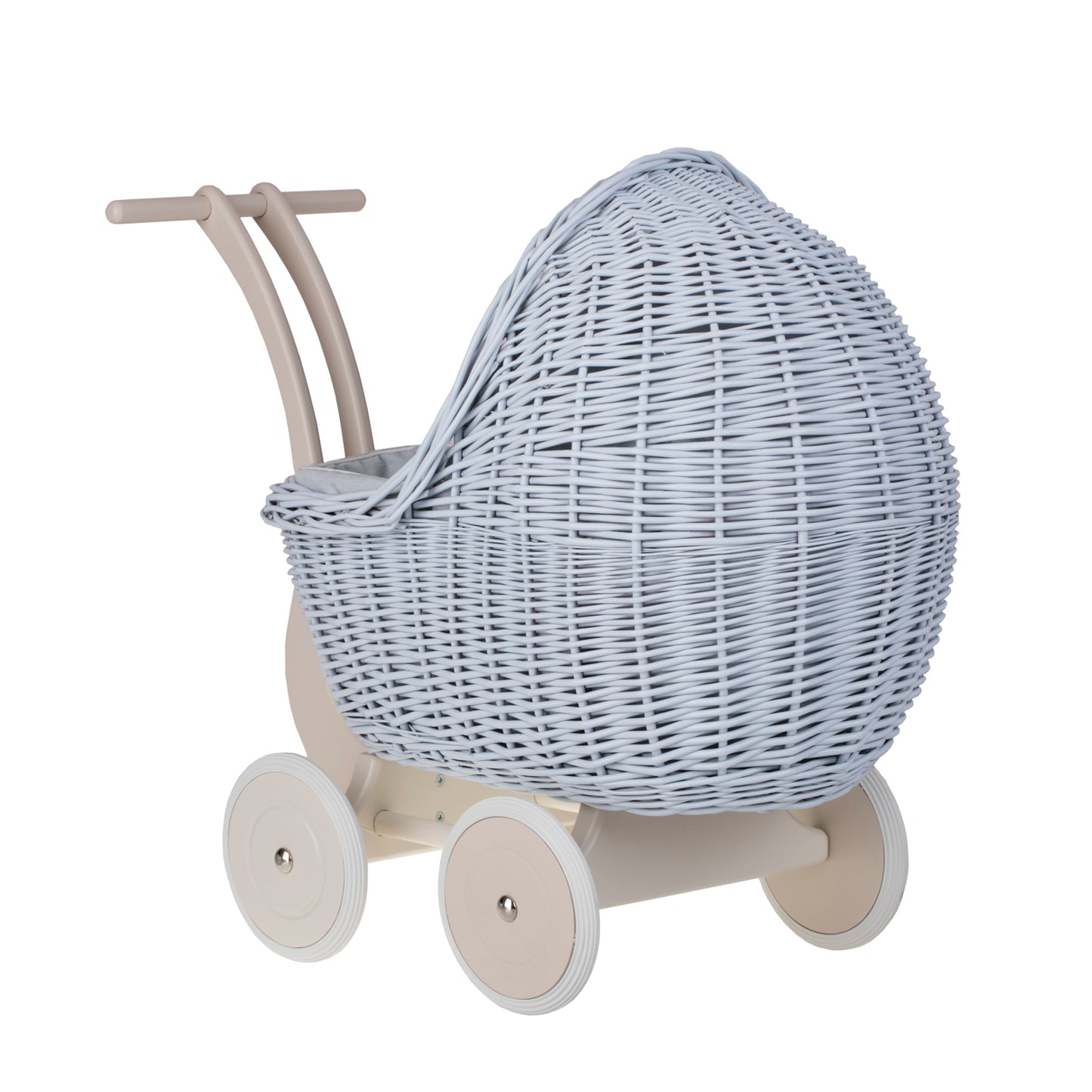 Lili wiklinowy wózek dla lalek z niebieskim obszyciem, kołderką i poduszką TheWickerStories