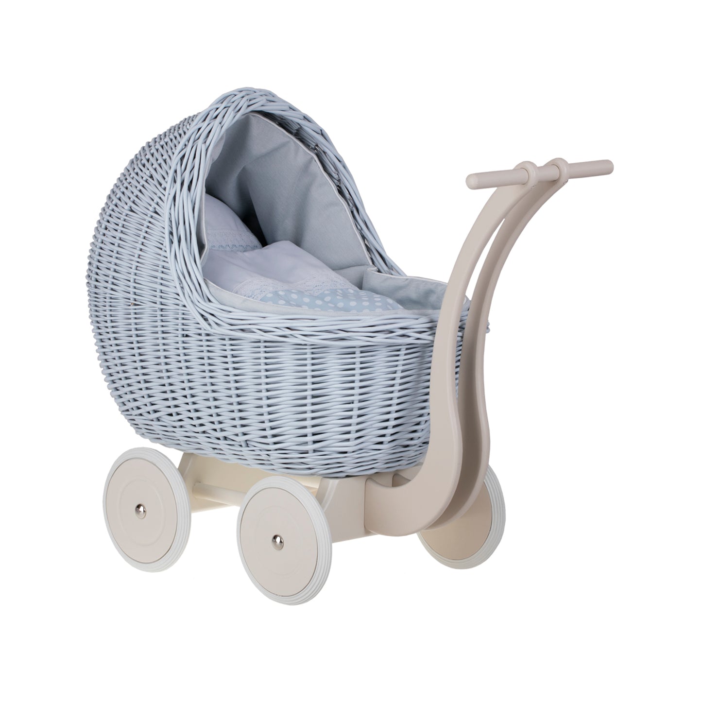 Lili wiklinowy wózek dla lalek z niebieskim obszyciem, kołderką i poduszką TheWickerStories