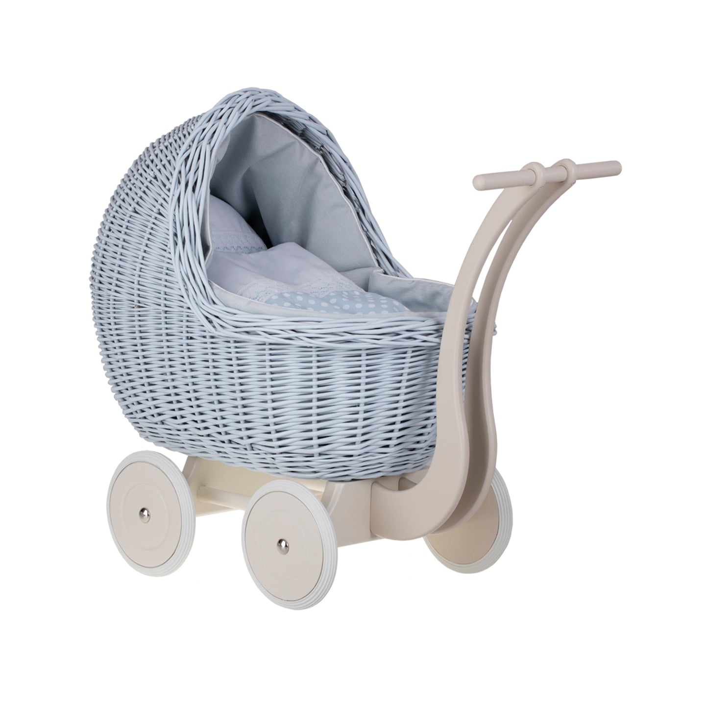 Lili wiklinowy wózek i kołyska dla lalek z niebieskim obszyciem, kołderką i poduszką TheWickerStories