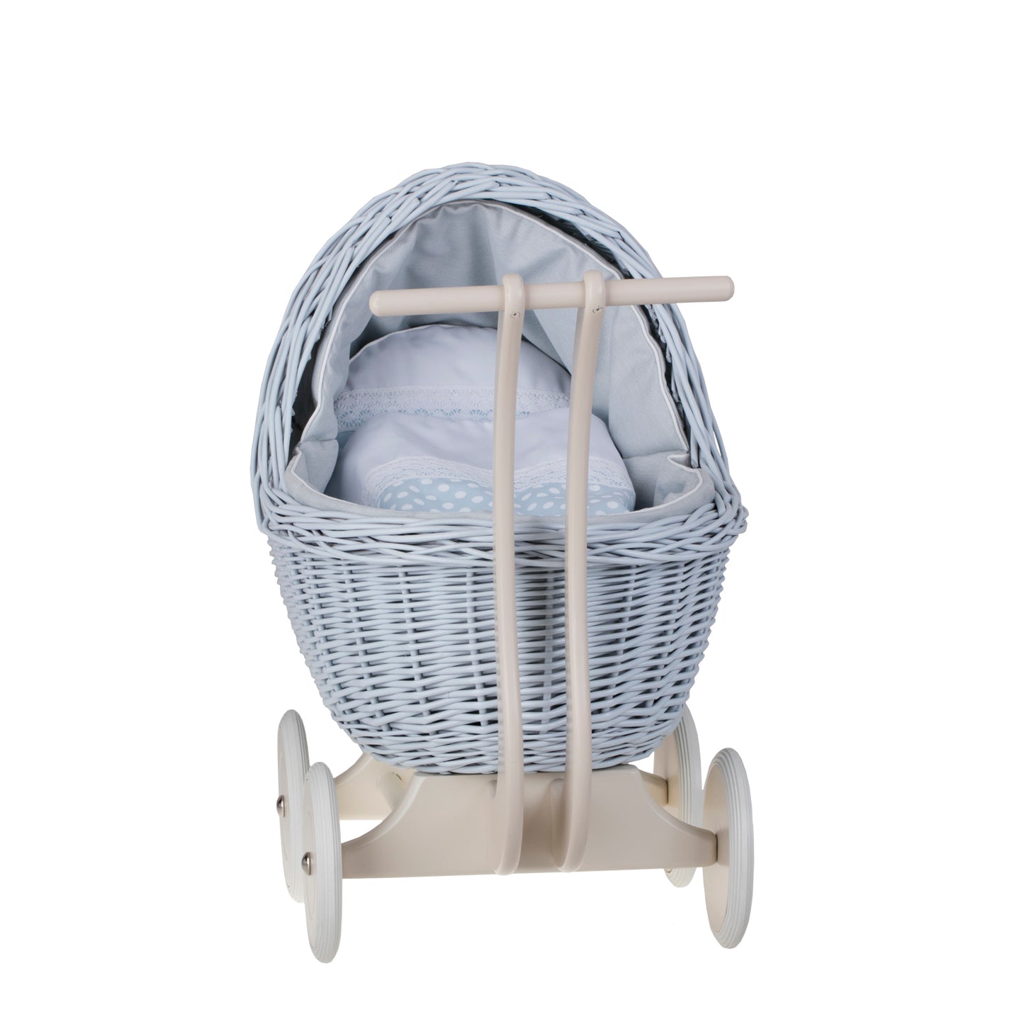 Lili wiklinowy wózek dla lalek z niebieskim obszyciem, kołderką i poduszką TheWickerStories