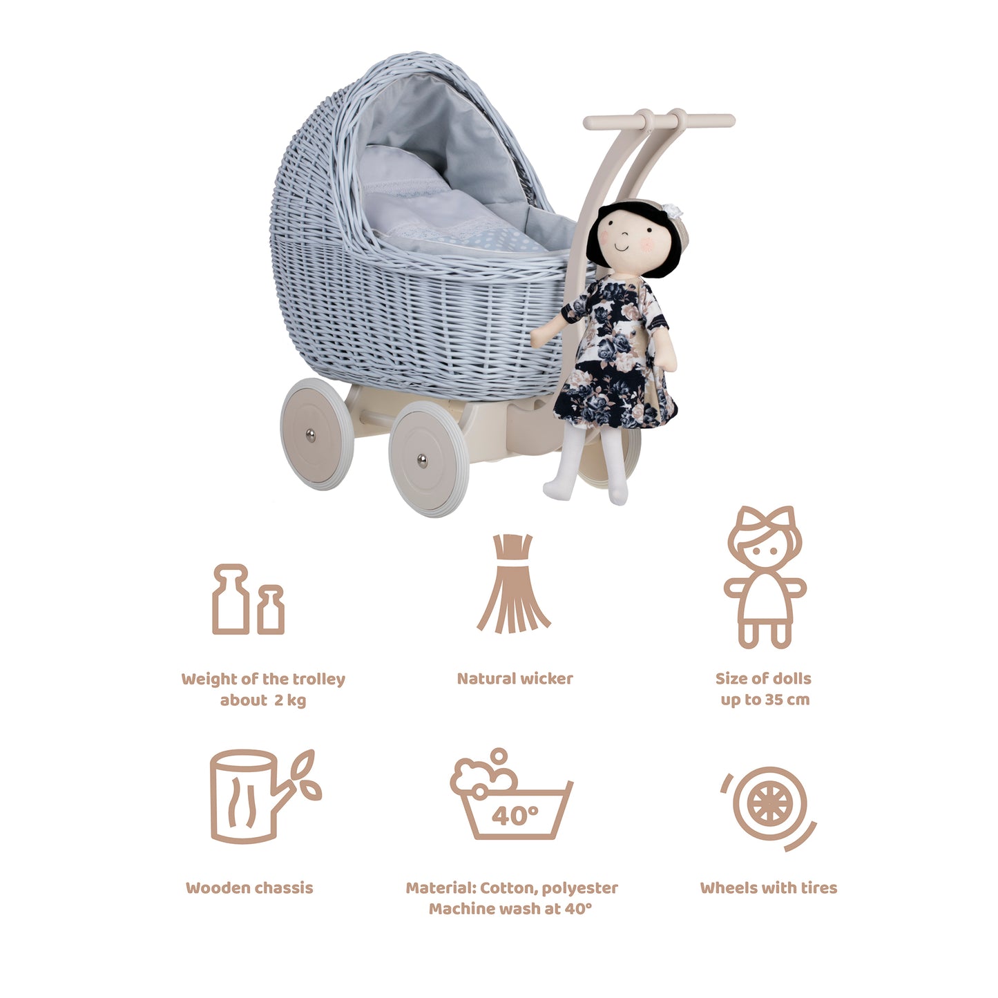 Lili wiklinowy wózek dla lalek z niebieskim obszyciem, kołderką i poduszką TheWickerStories