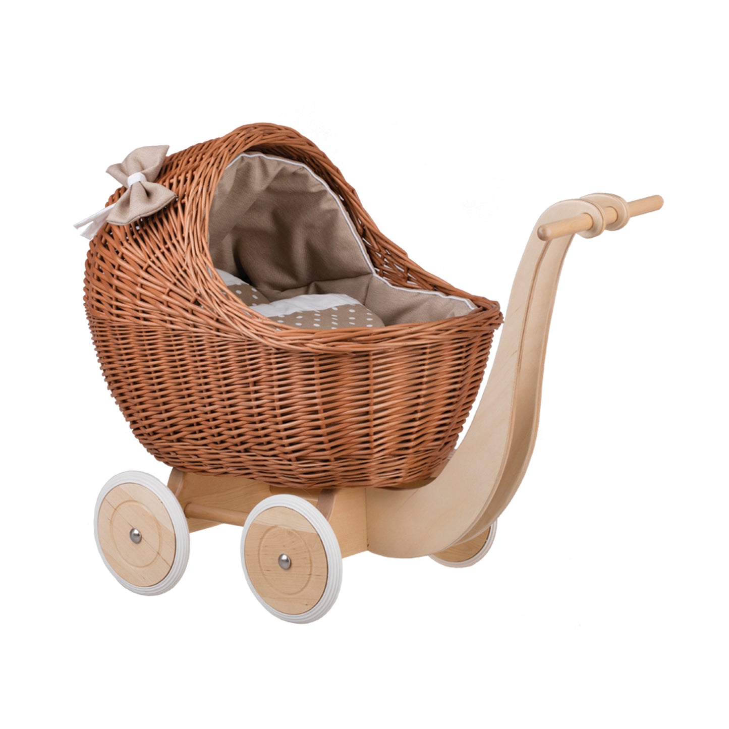 Lili wiklinowy wózek dla lalek z beżowym obszyciem, kołderką i poduszką TheWickerStories