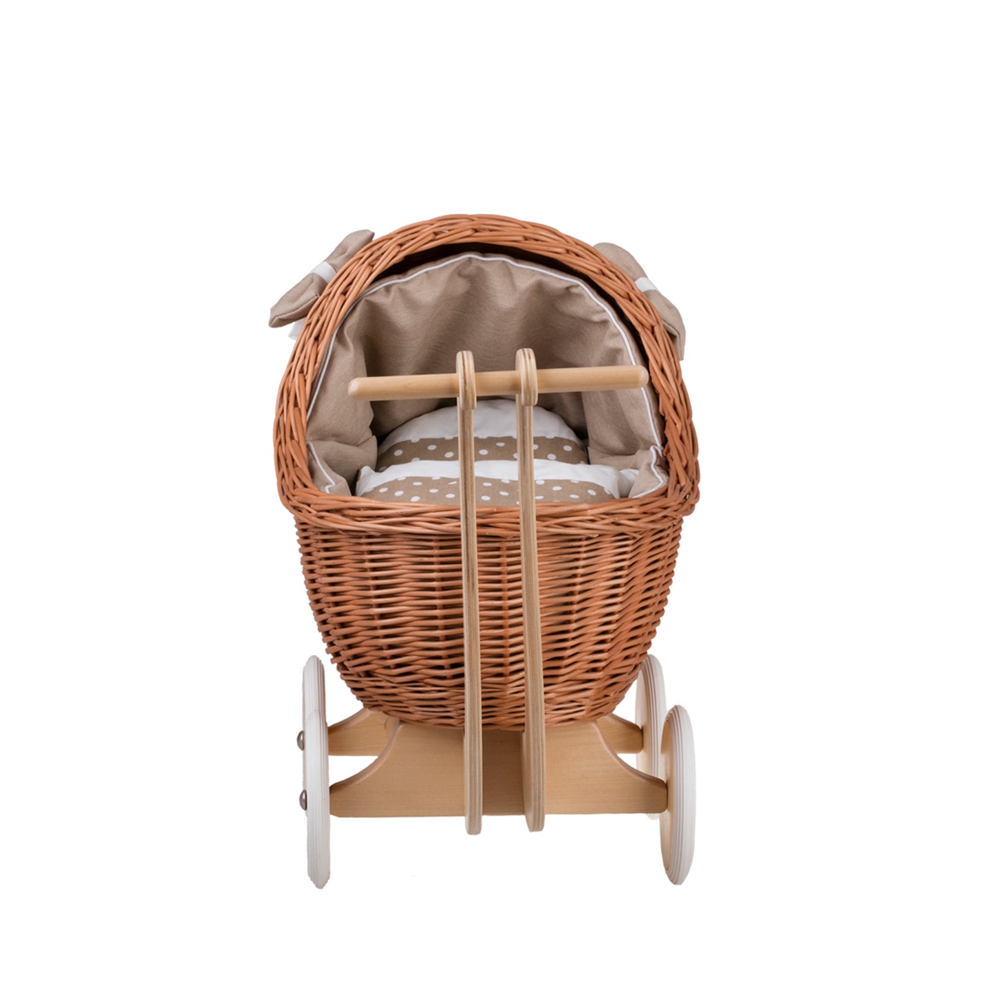 Lili wiklinowy wózek dla lalek z beżowym obszyciem, kołderką i poduszką TheWickerStories