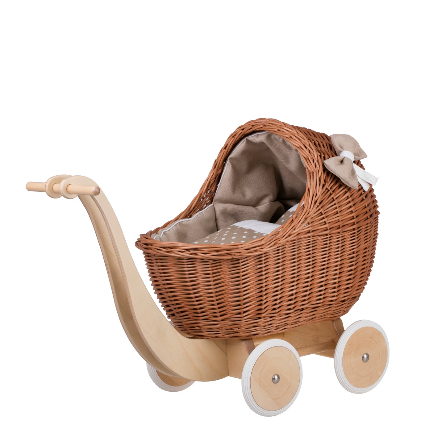 Lili wiklinowy wózek dla lalek z beżowym obszyciem, kołderką i poduszką TheWickerStories