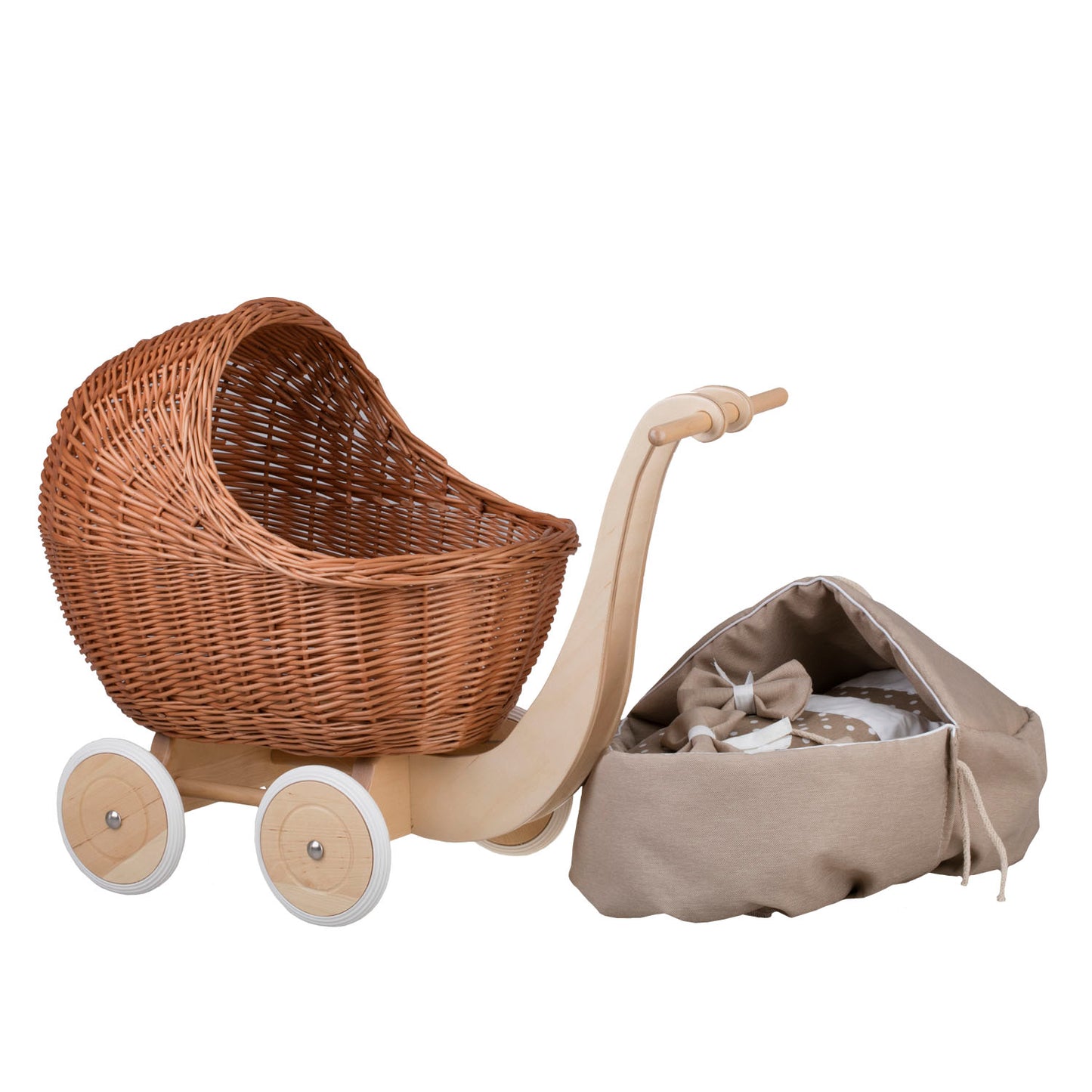 Lili wiklinowy wózek dla lalek z beżowym obszyciem, kołderką i poduszką TheWickerStories