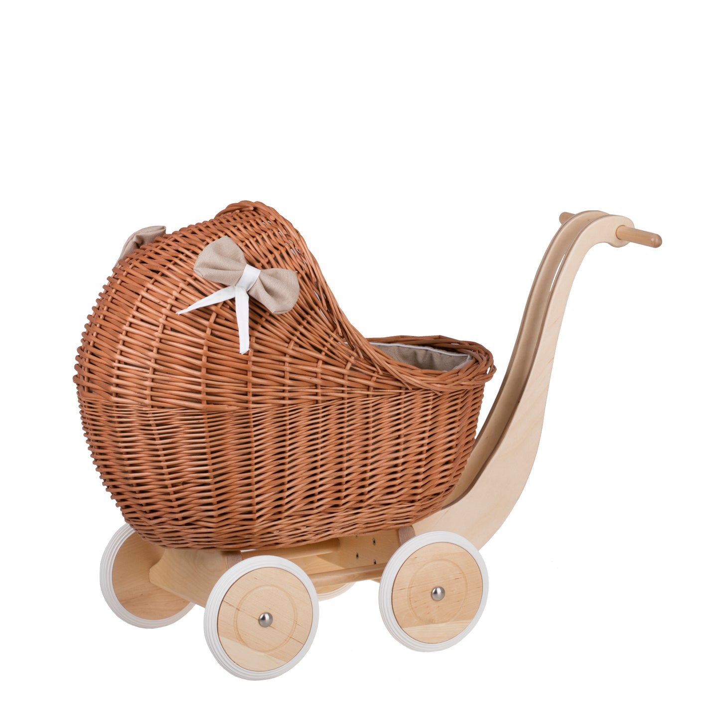 Lili wiklinowy wózek dla lalek z beżowym obszyciem, kołderką i poduszką TheWickerStories
