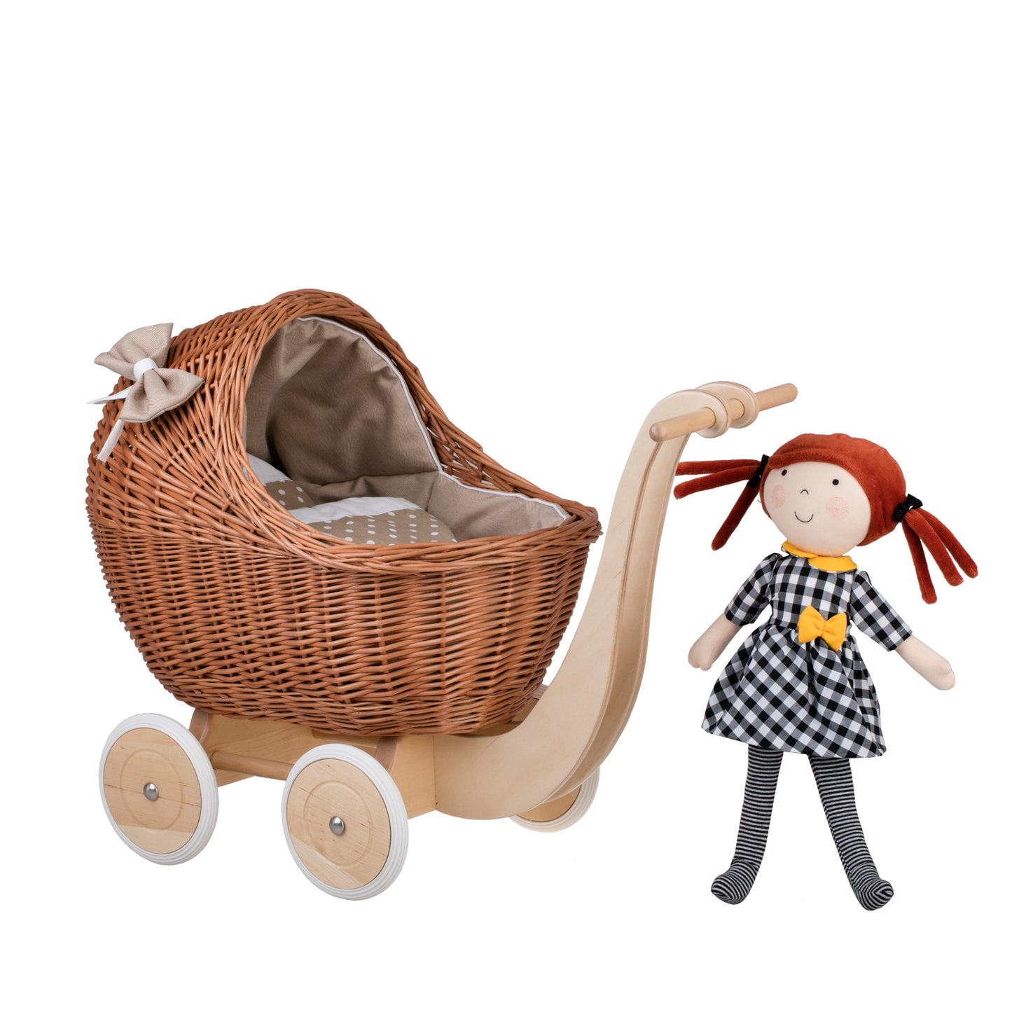Lili wiklinowy wózek dla lalek z beżowym obszyciem, kołderką i poduszką TheWickerStories