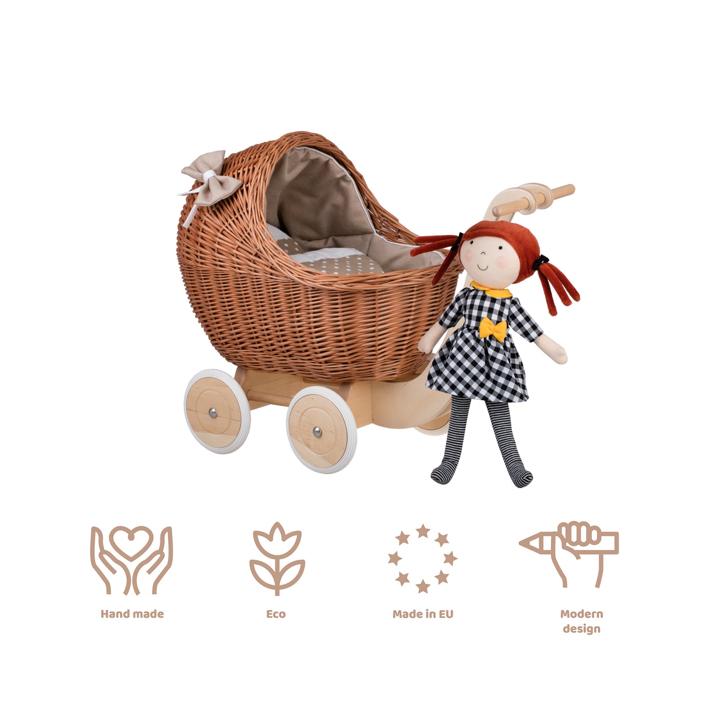 Lili wiklinowy wózek dla lalek z beżowym obszyciem, kołderką i poduszką TheWickerStories