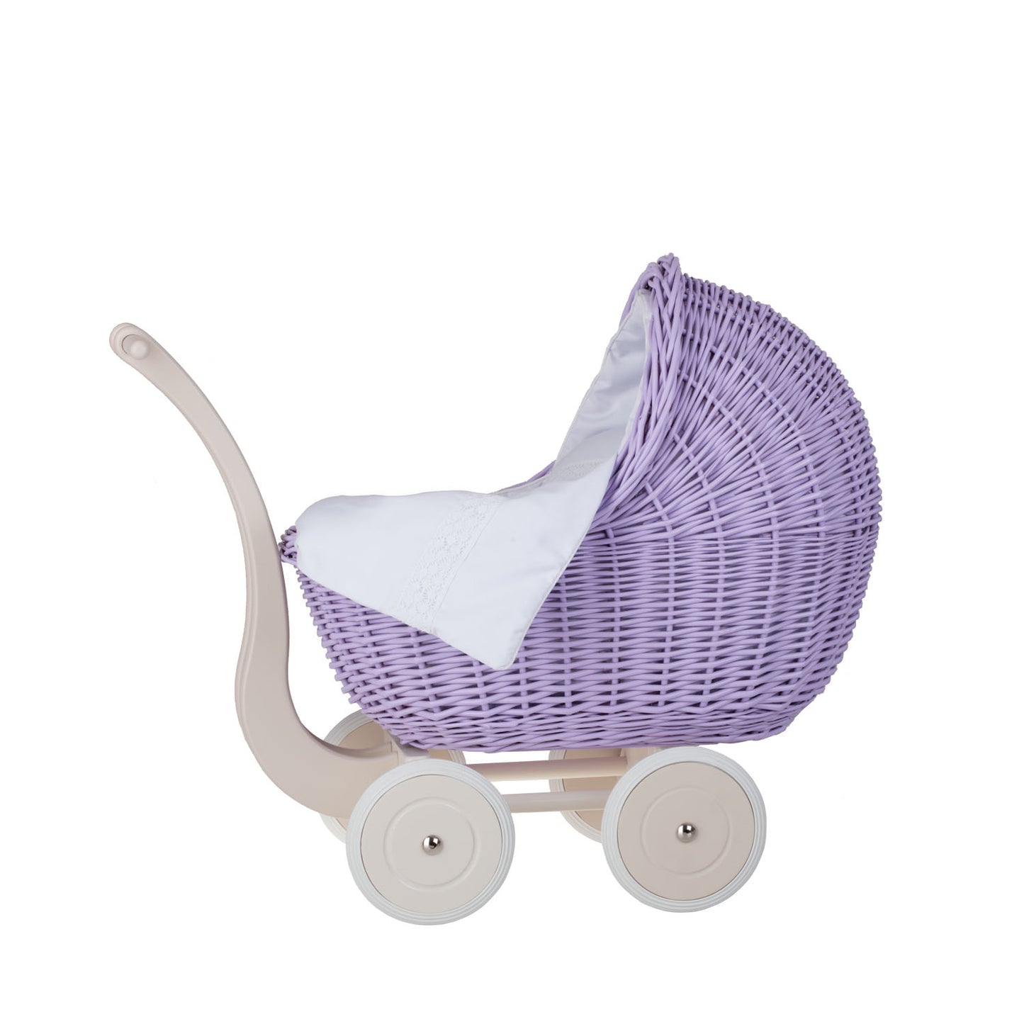 Lili wiklinowy wózek dla lalek z białym obszyciem, kołderką i poduszką TheWickerStories