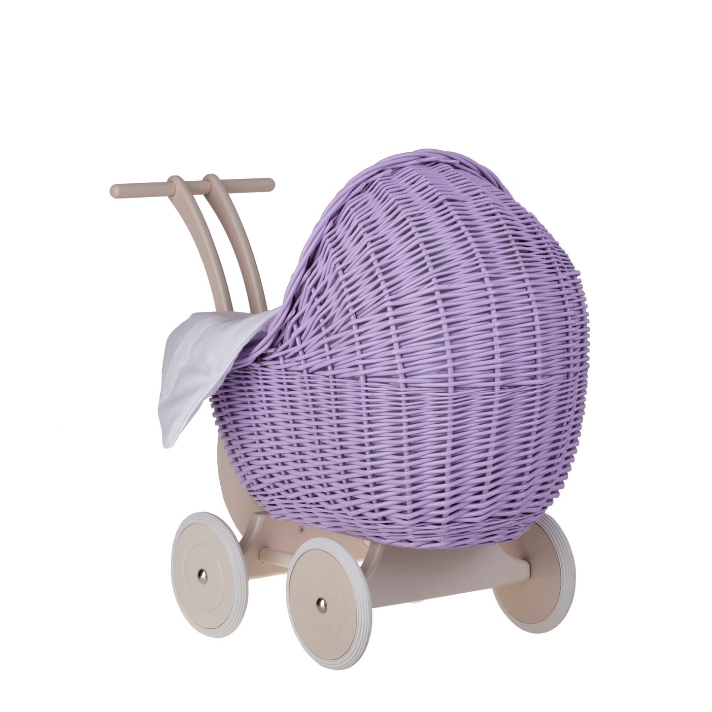 Lili wiklinowy wózek dla lalek z białym obszyciem, kołderką i poduszką TheWickerStories