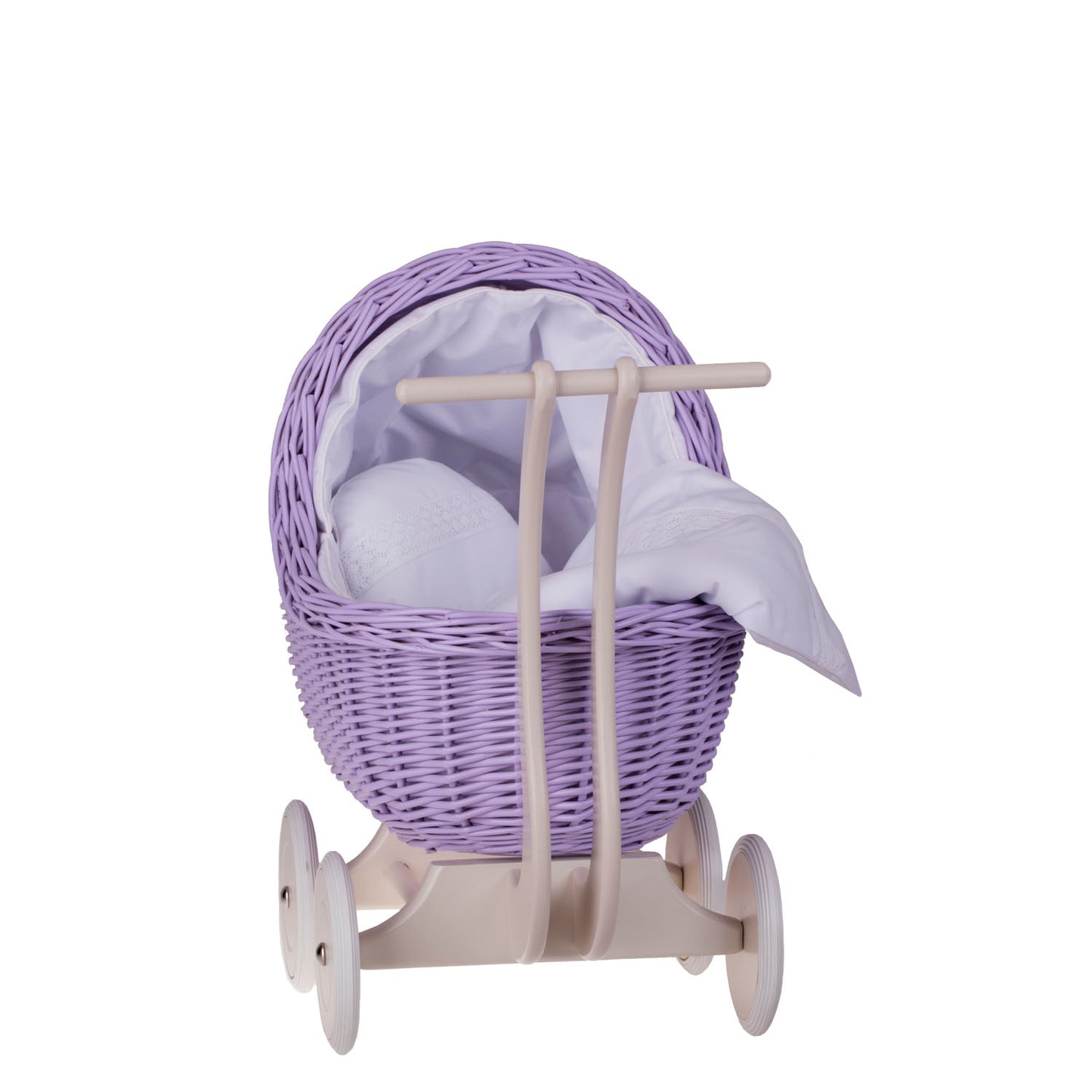 Lili wiklinowy wózek dla lalek z białym obszyciem, kołderką i poduszką TheWickerStories