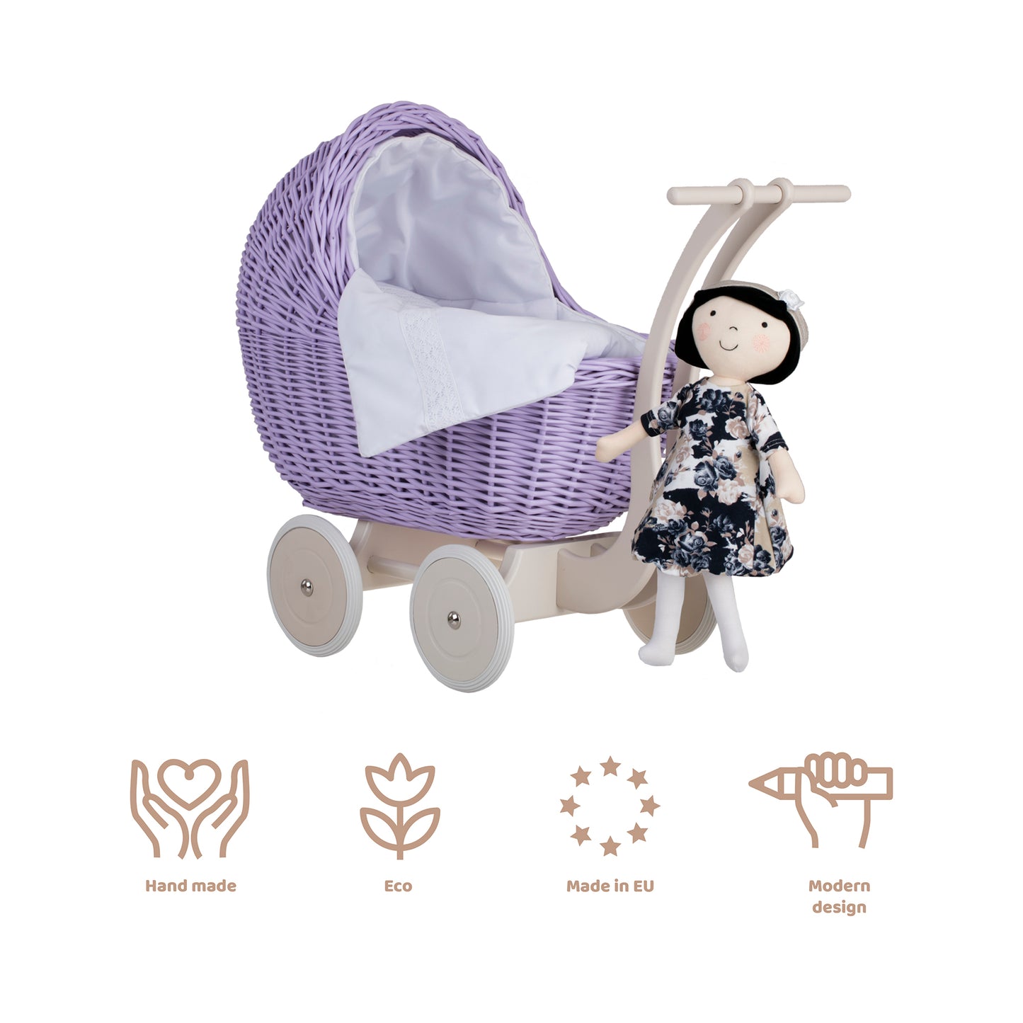 Lili wiklinowy wózek dla lalek z białym obszyciem, kołderką i poduszką TheWickerStories