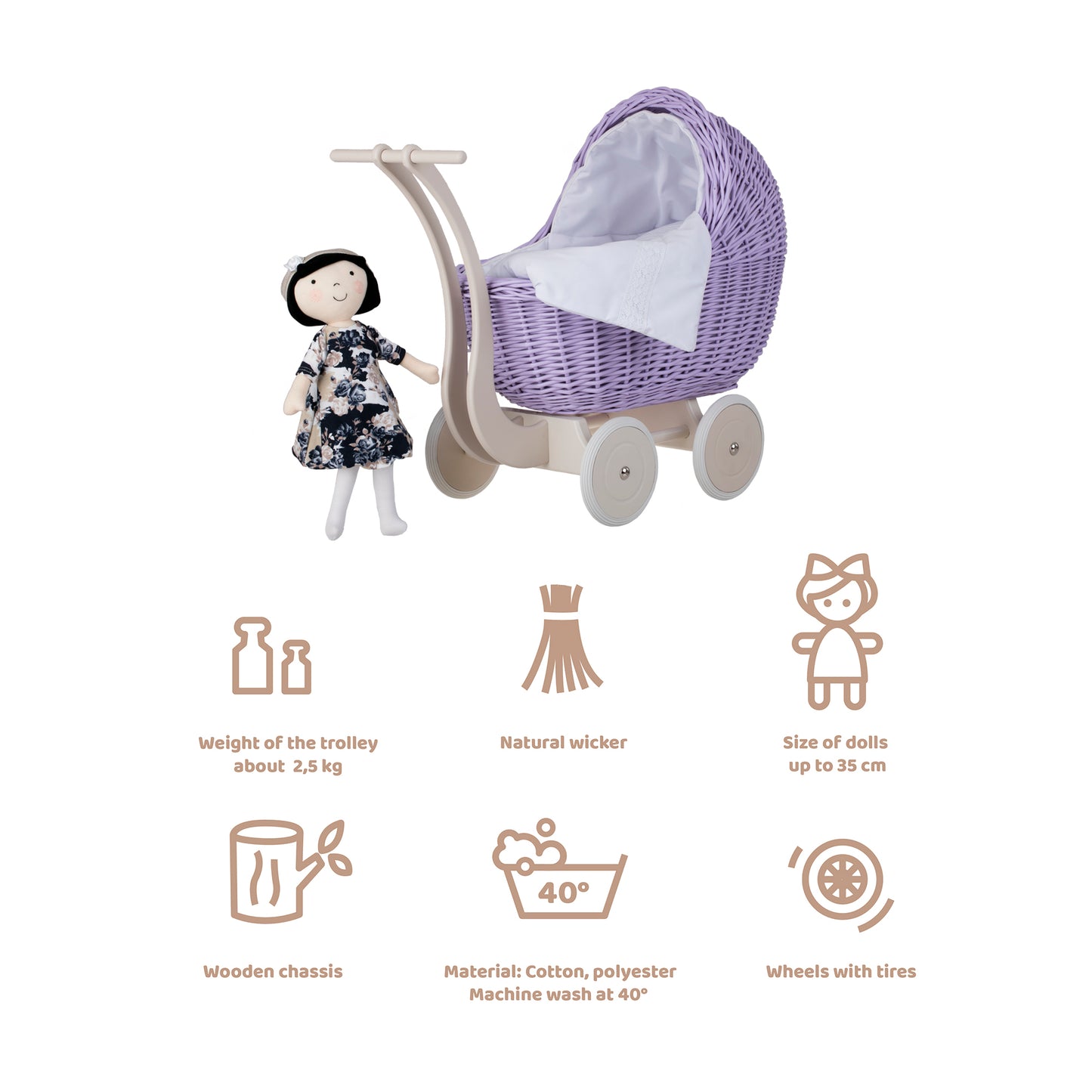 Lili wiklinowy wózek dla lalek z białym obszyciem, kołderką i poduszką TheWickerStories