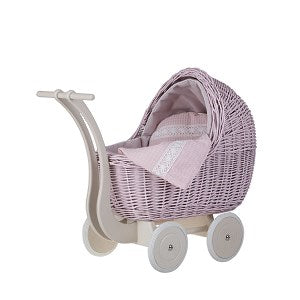 Lili wiklinowy wózek dla lalek z różowym obszyciem, kołderką i poduszką, z kołyską TheWickerStories