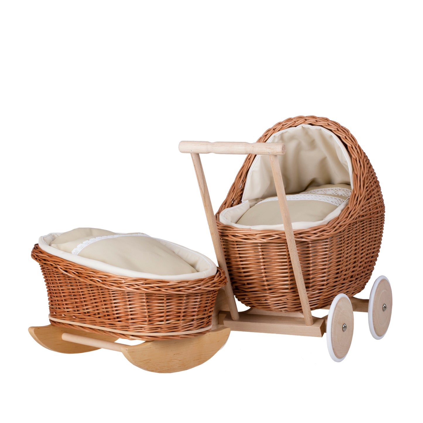 Lili wiklinowy wózek i kołyska dla lalek z beżowym obszyciem, kołderką i poduszką TheWickerStories